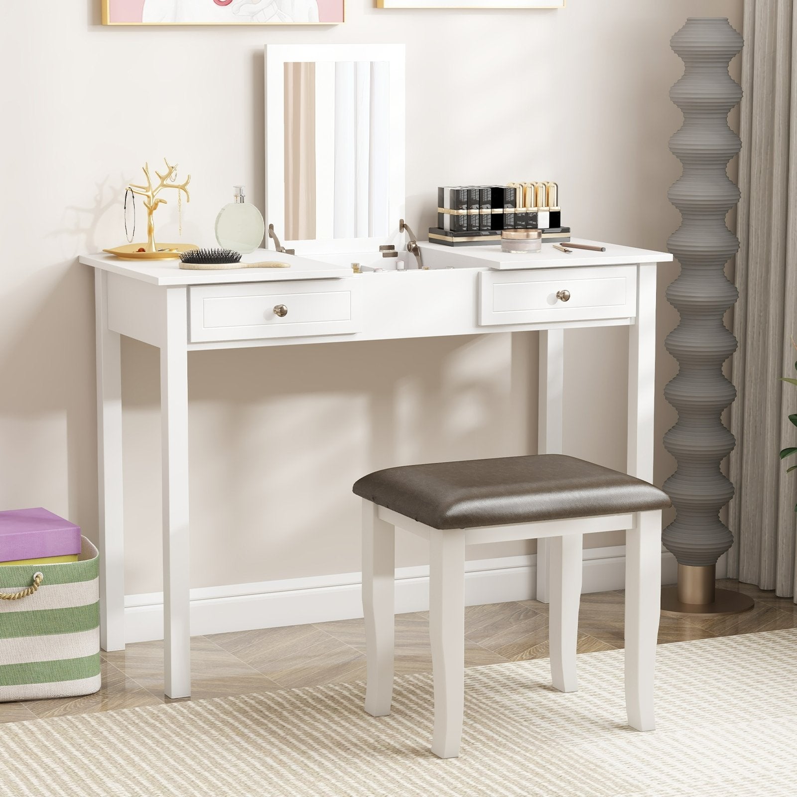 Faux Leather Vanity Stool Chair Set of 2 for Makeup Room and Living Room-Gray and White, Gray & White Ottomans   at Gallery Canada