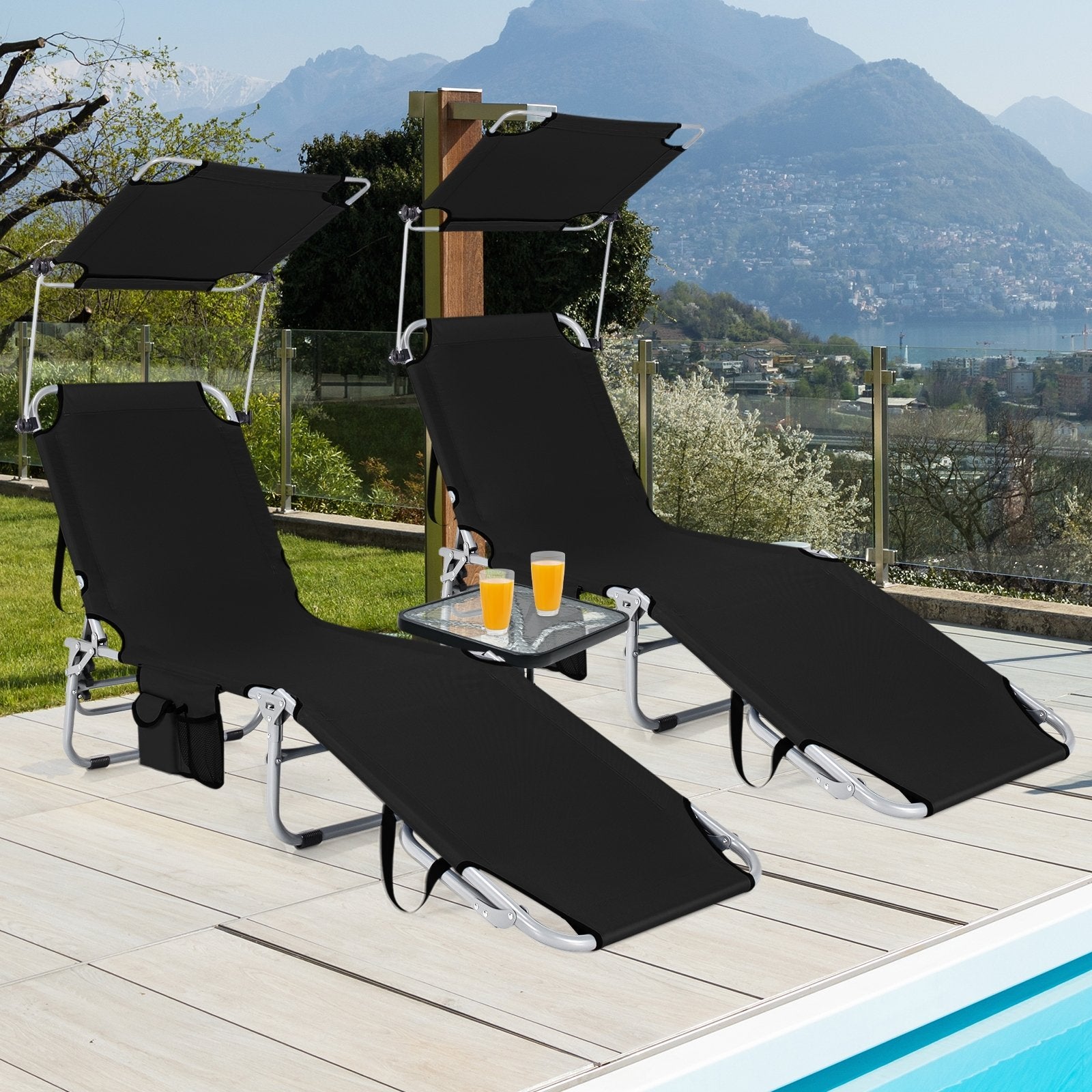 Set of 2 Portable Reclining Chair with 5 Adjustable Positions, Black Outdoor Chaise Lounges   at Gallery Canada