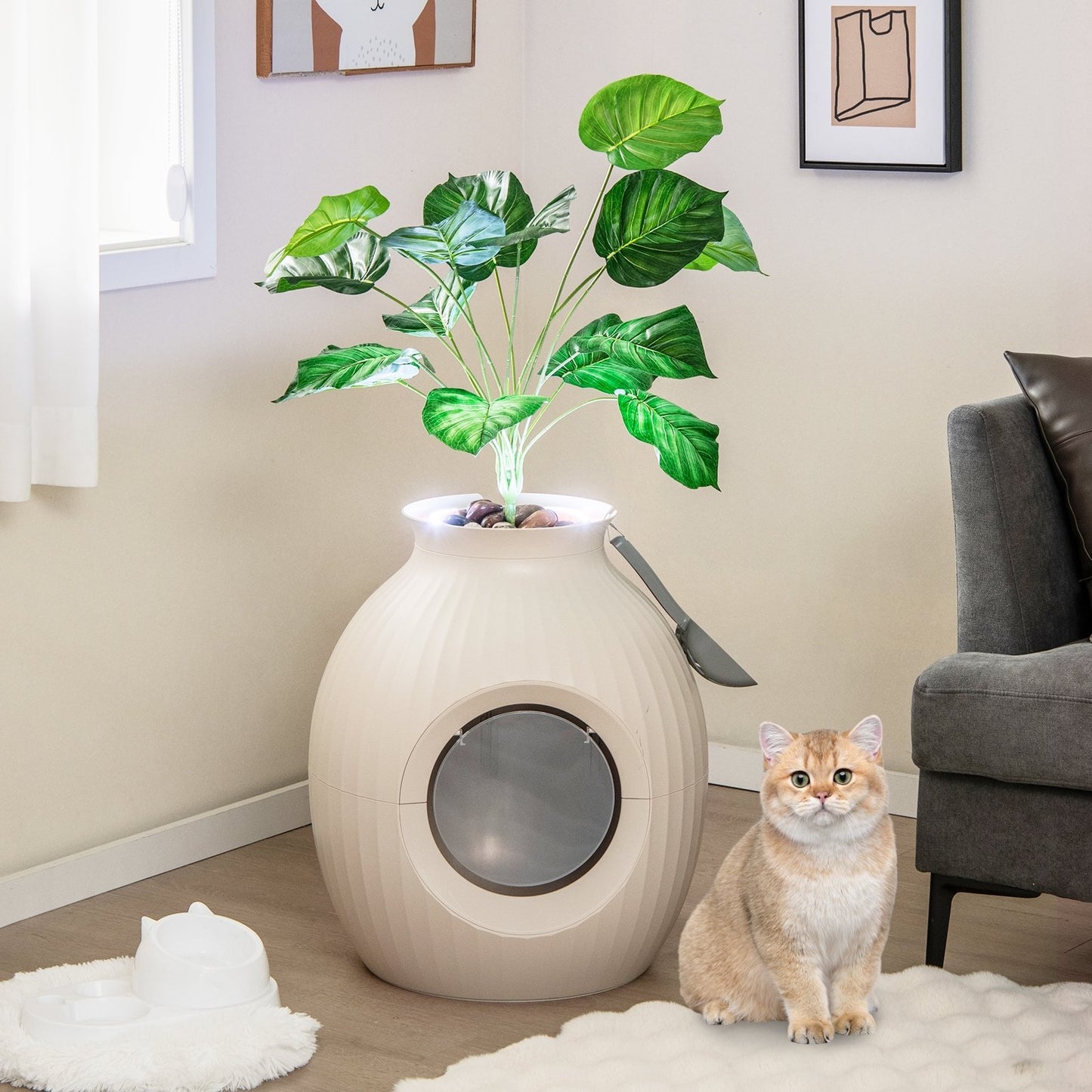 Smart Plant Cat Litter Box with Electronic Odor Removal & Sterilization, Beige Cat Houses   at Gallery Canada