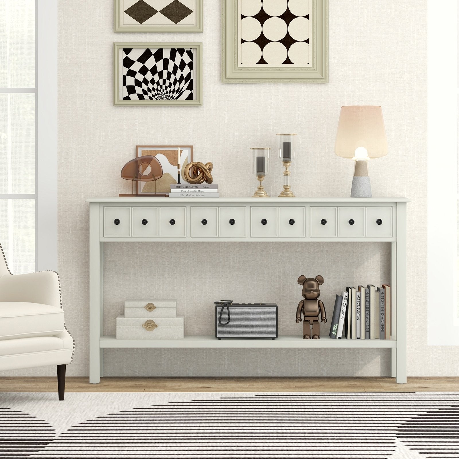 60 Inch Long Sofa Table with 4 Drawers and Open Shelf for Living Room, White Console Tables   at Gallery Canada