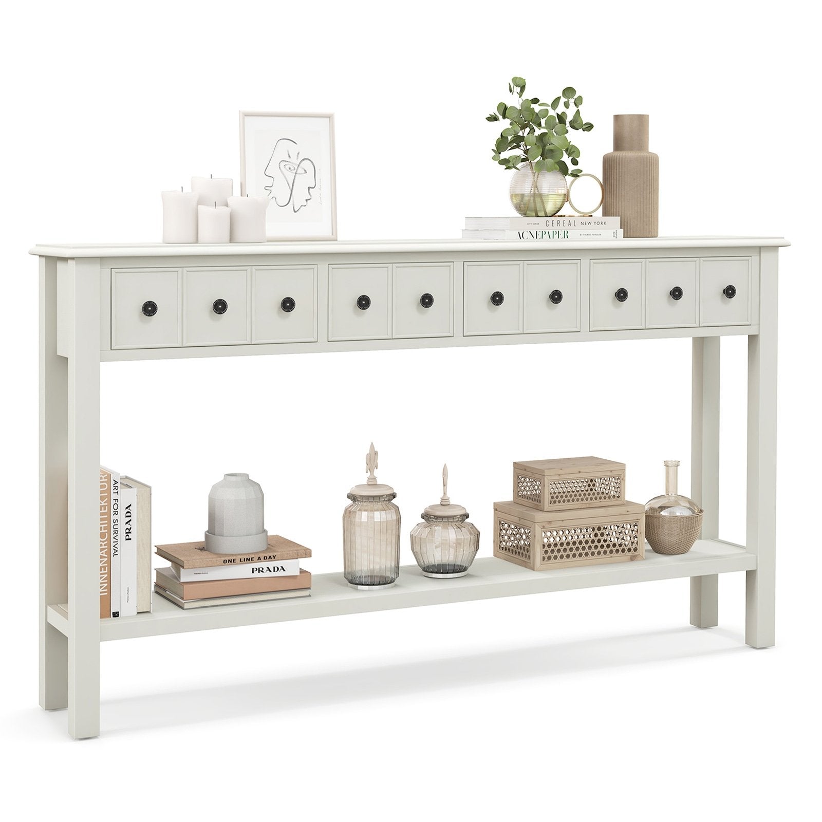 60 Inch Long Sofa Table with 4 Drawers and Open Shelf for Living Room, White Console Tables   at Gallery Canada