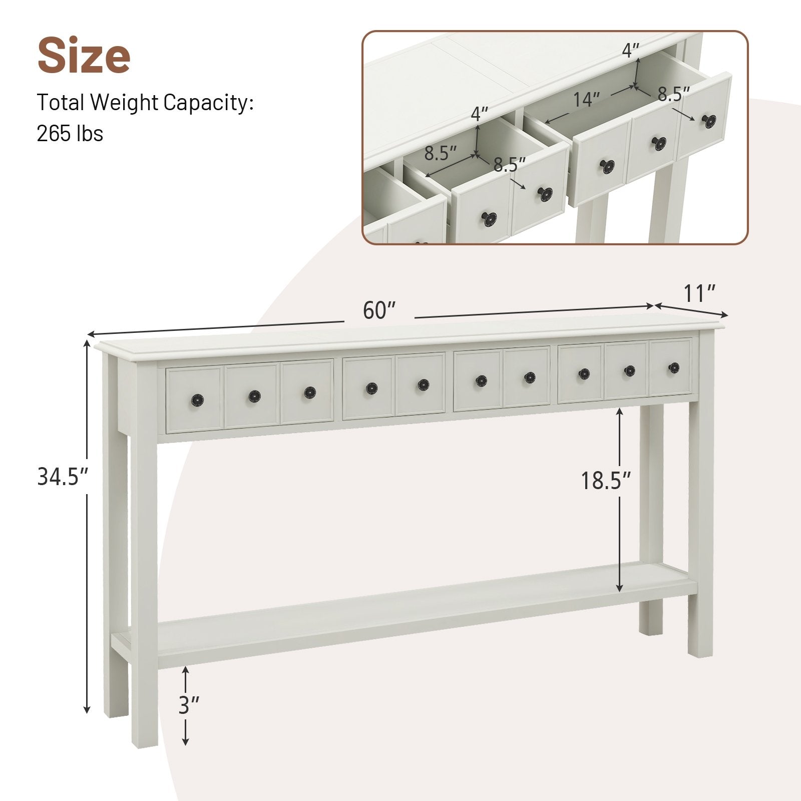 60 Inch Long Sofa Table with 4 Drawers and Open Shelf for Living Room, White Console Tables   at Gallery Canada