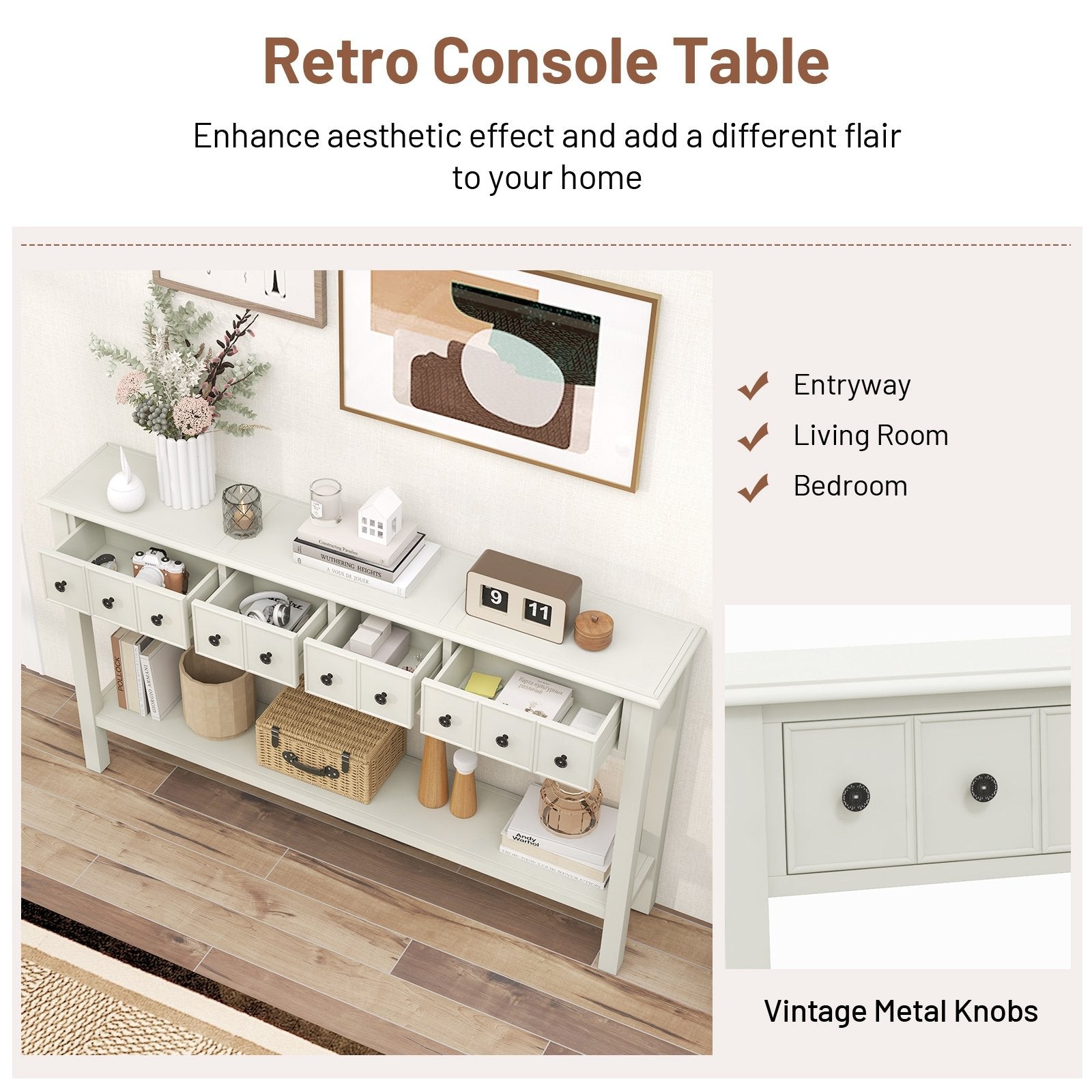 60 Inch Long Sofa Table with 4 Drawers and Open Shelf for Living Room, White Console Tables   at Gallery Canada