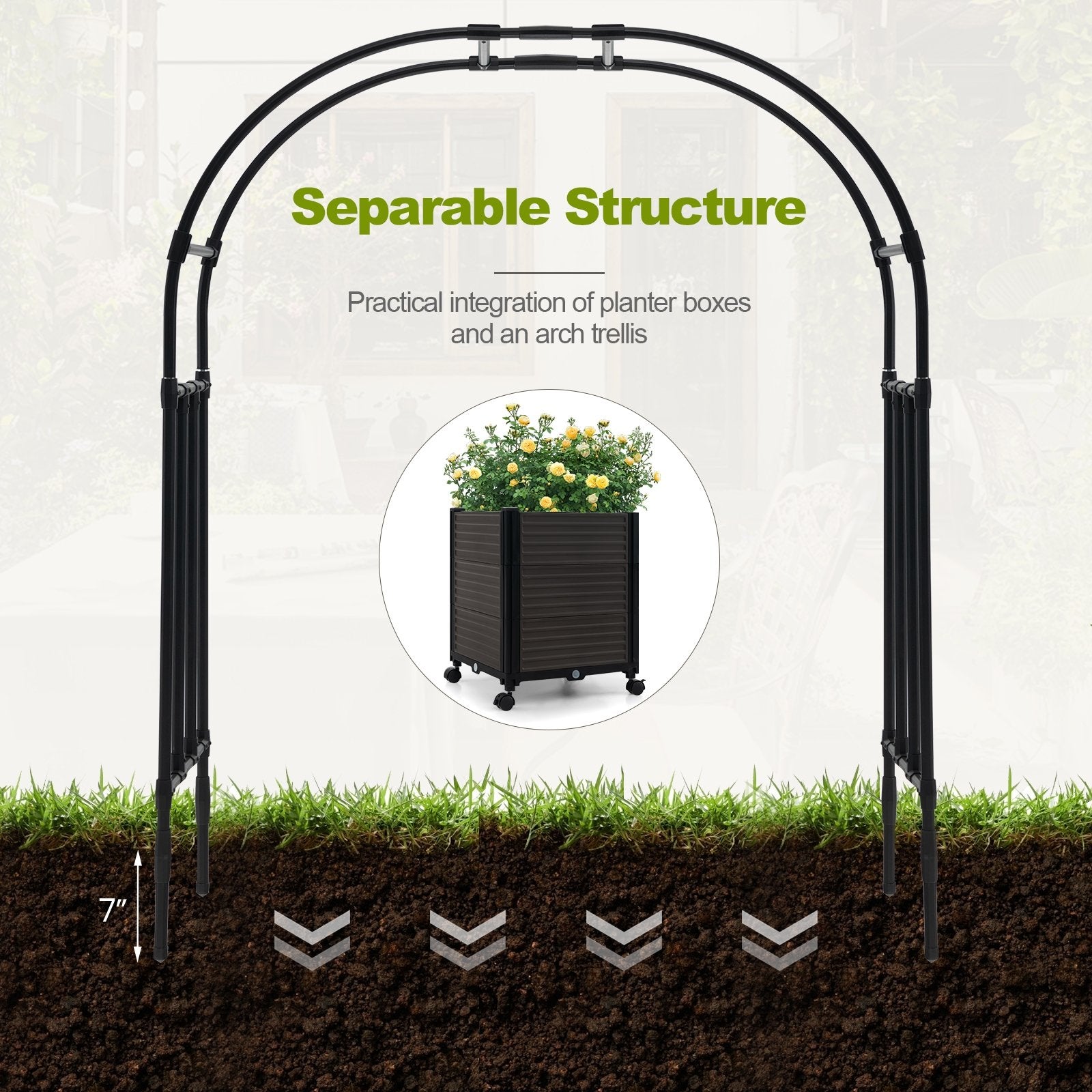 6.6 Feet Arch Arbor Trellis with 2 Planter Boxes & Detachable PE-Coated Metal Tubes, Black Outdoor Decor   at Gallery Canada