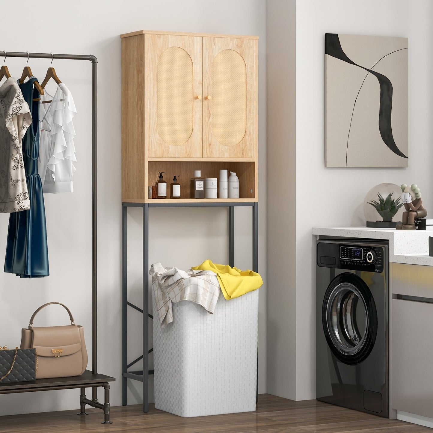 Over The Toilet Storage Cabinet with Rattan Doors and Shelves, Natural Bathroom Etagere   at Gallery Canada