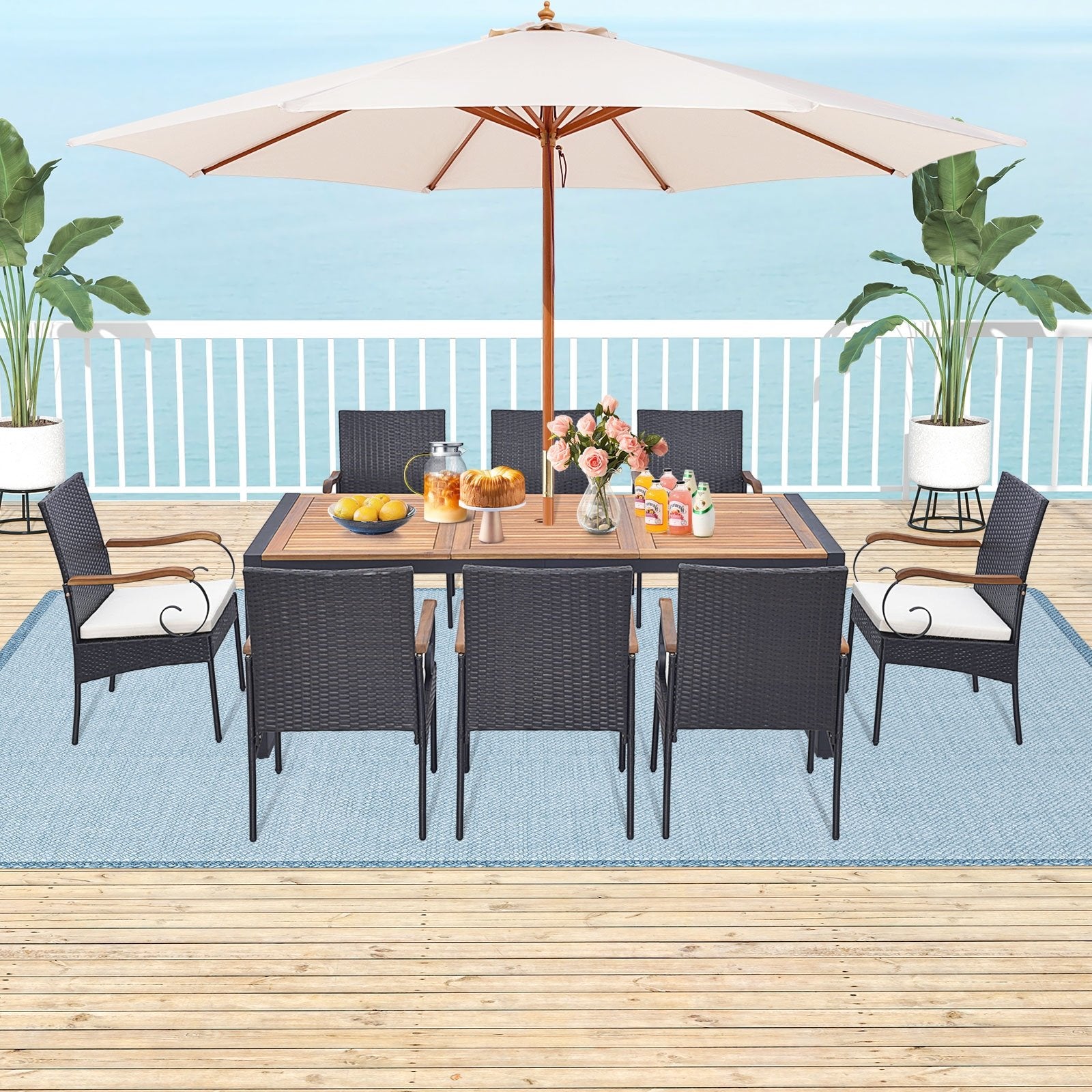 9 Pieces  Patio Rattan Dining Set with Acacia Wood Table for Backyard  Garden-Curved Handrail Patio Furniture Sets   at Gallery Canada