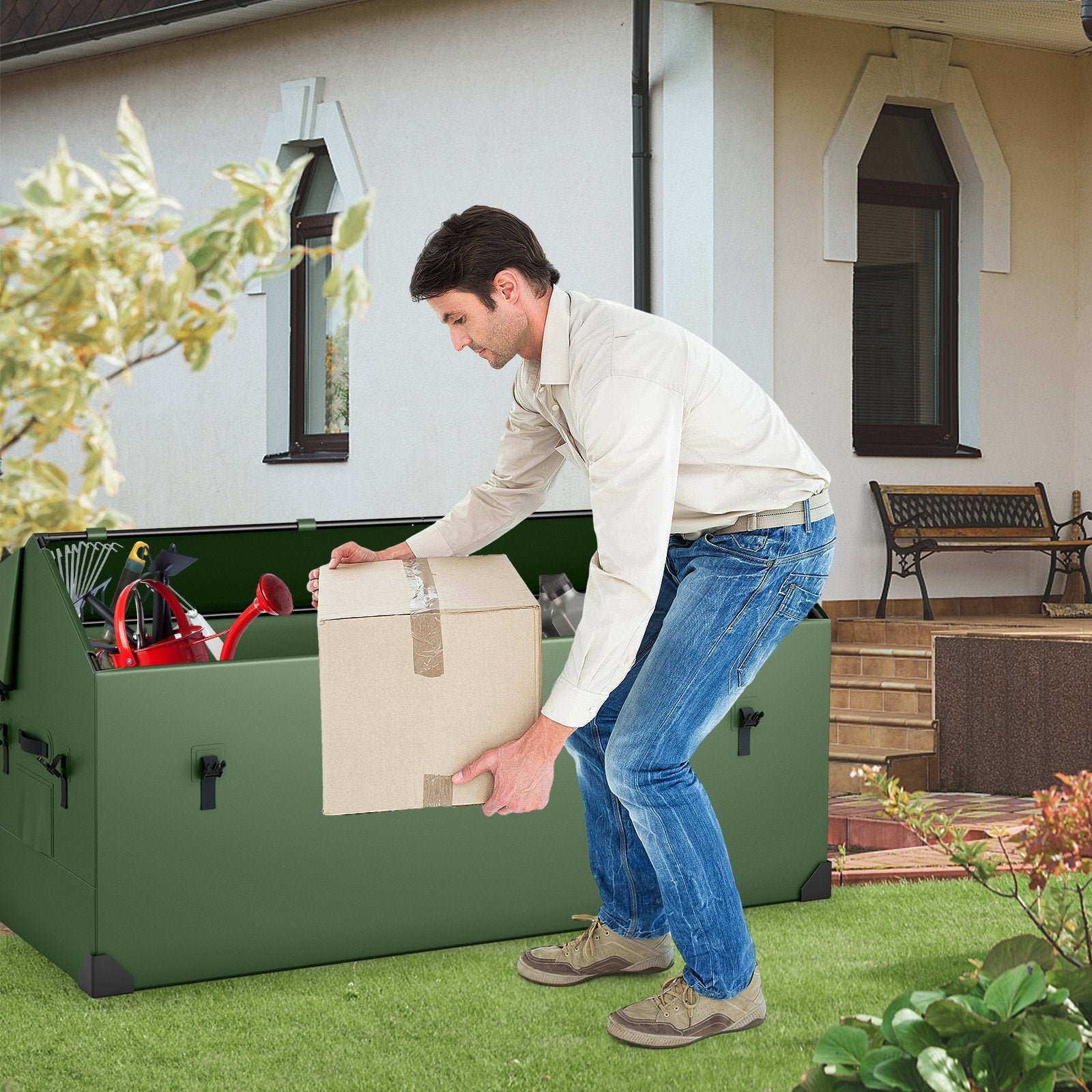 Waterproof Outdoor Storage Box with Ventilated Window  Adjustable Snap, Green Sheds & Outdoor Storage   at Gallery Canada