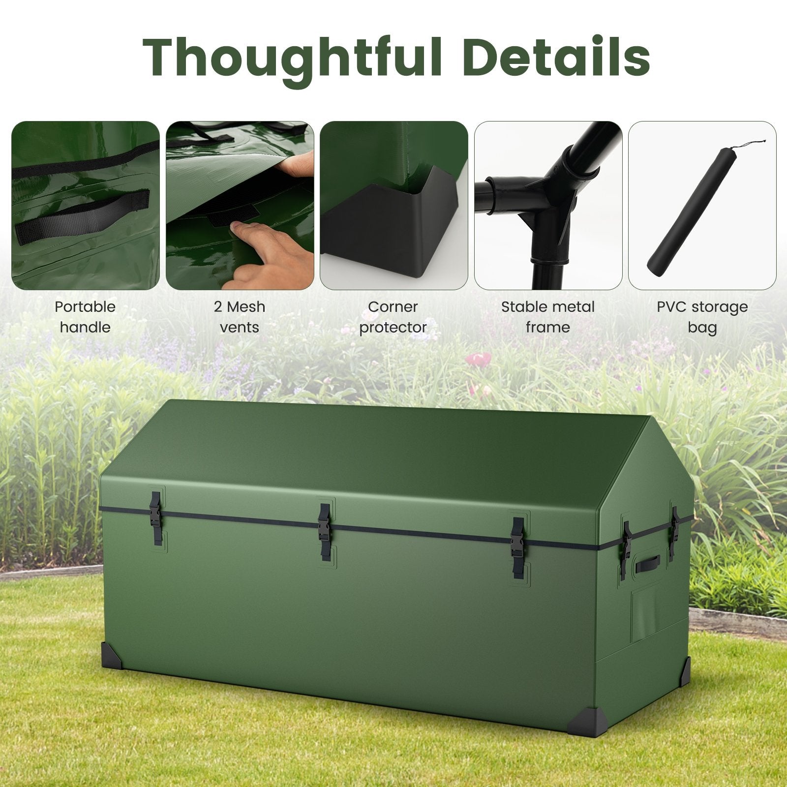 Waterproof Outdoor Storage Box with Ventilated Window  Adjustable Snap, Green Sheds & Outdoor Storage   at Gallery Canada