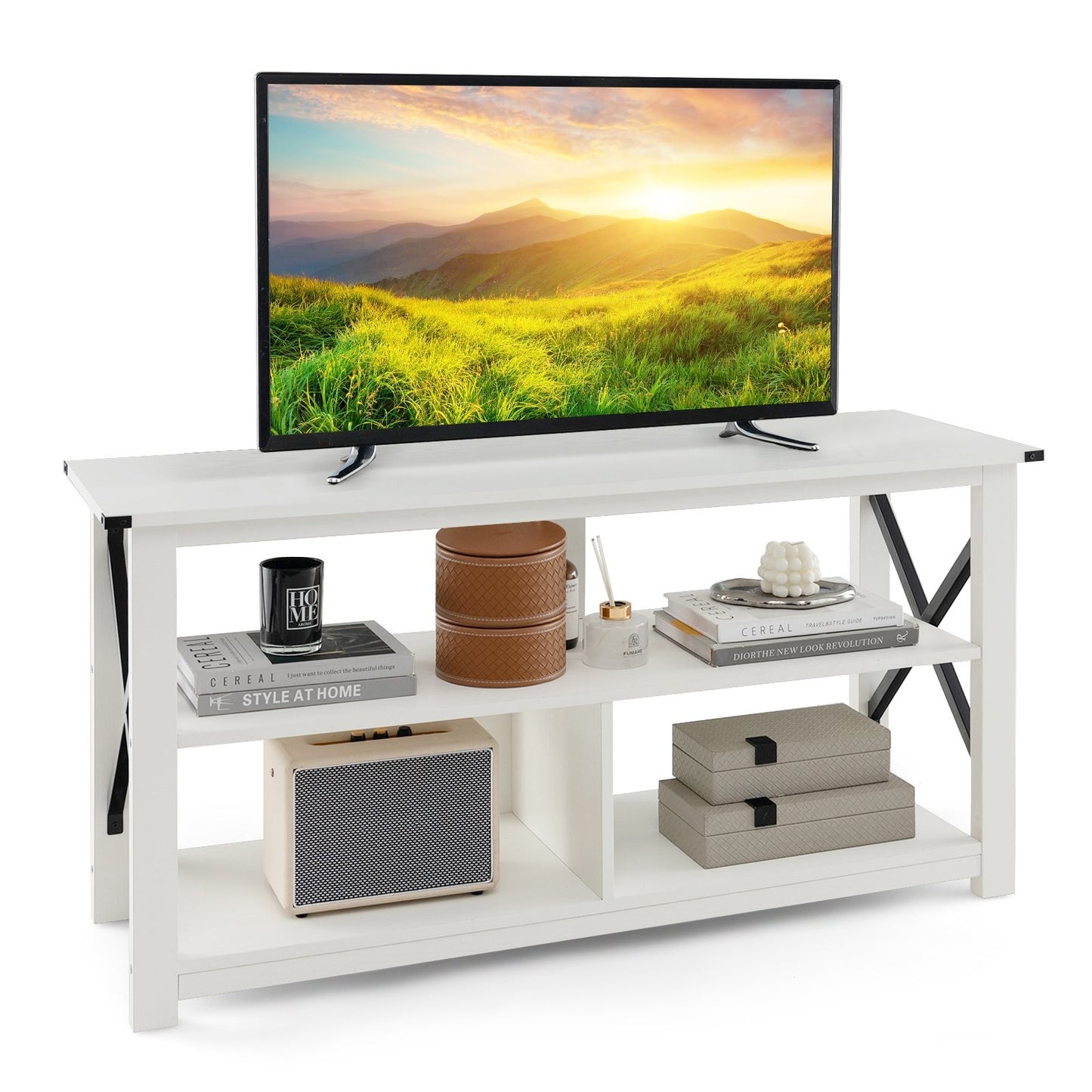 3 Tier Wood TV Stand for 55-Inch with Open Shelves and X-Shaped Frame, White Entertainment Centers & TV Stands   at Gallery Canada