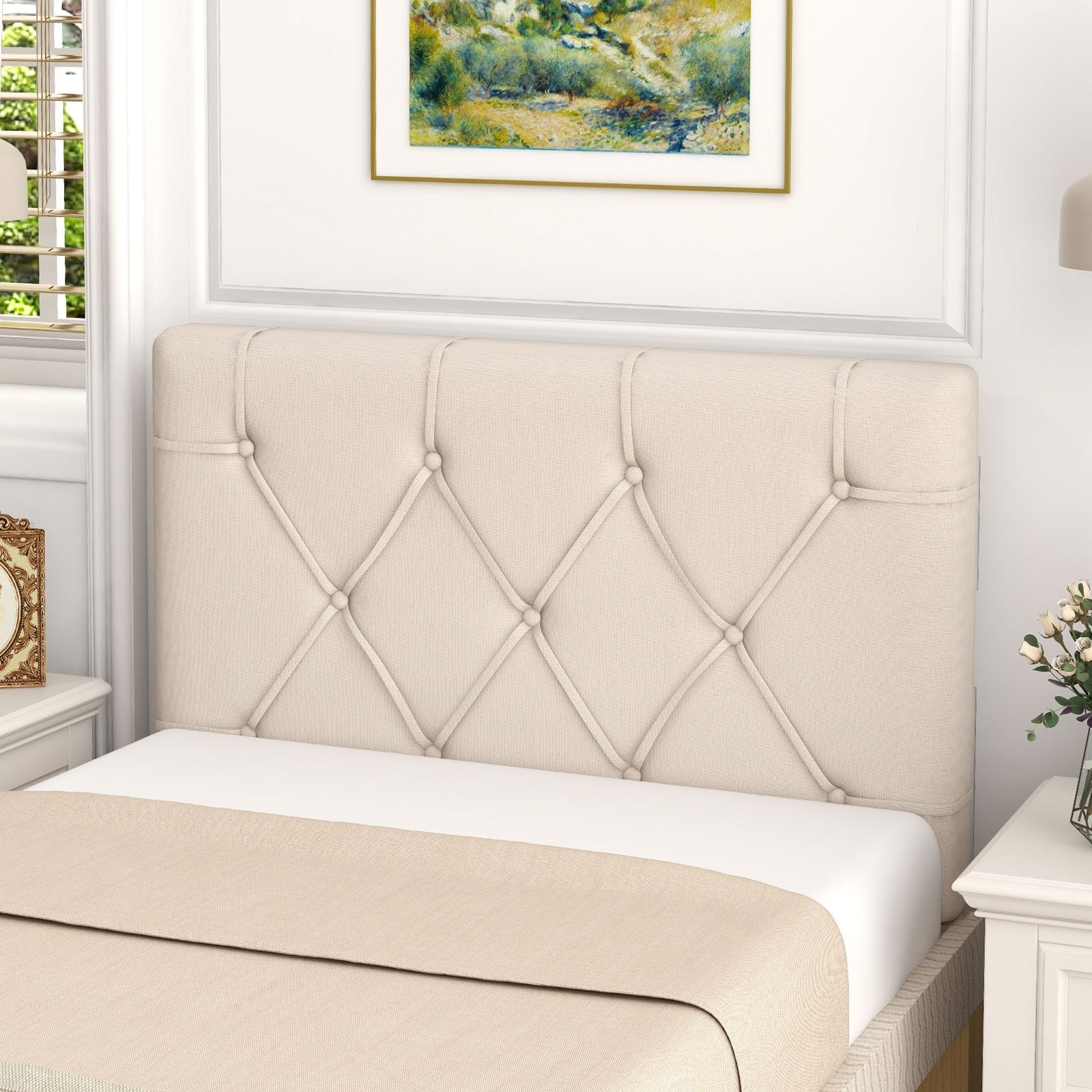 Upholstered Headboard for Twin Size Bed with Fabric Upholstery, Beige Bedding   at Gallery Canada