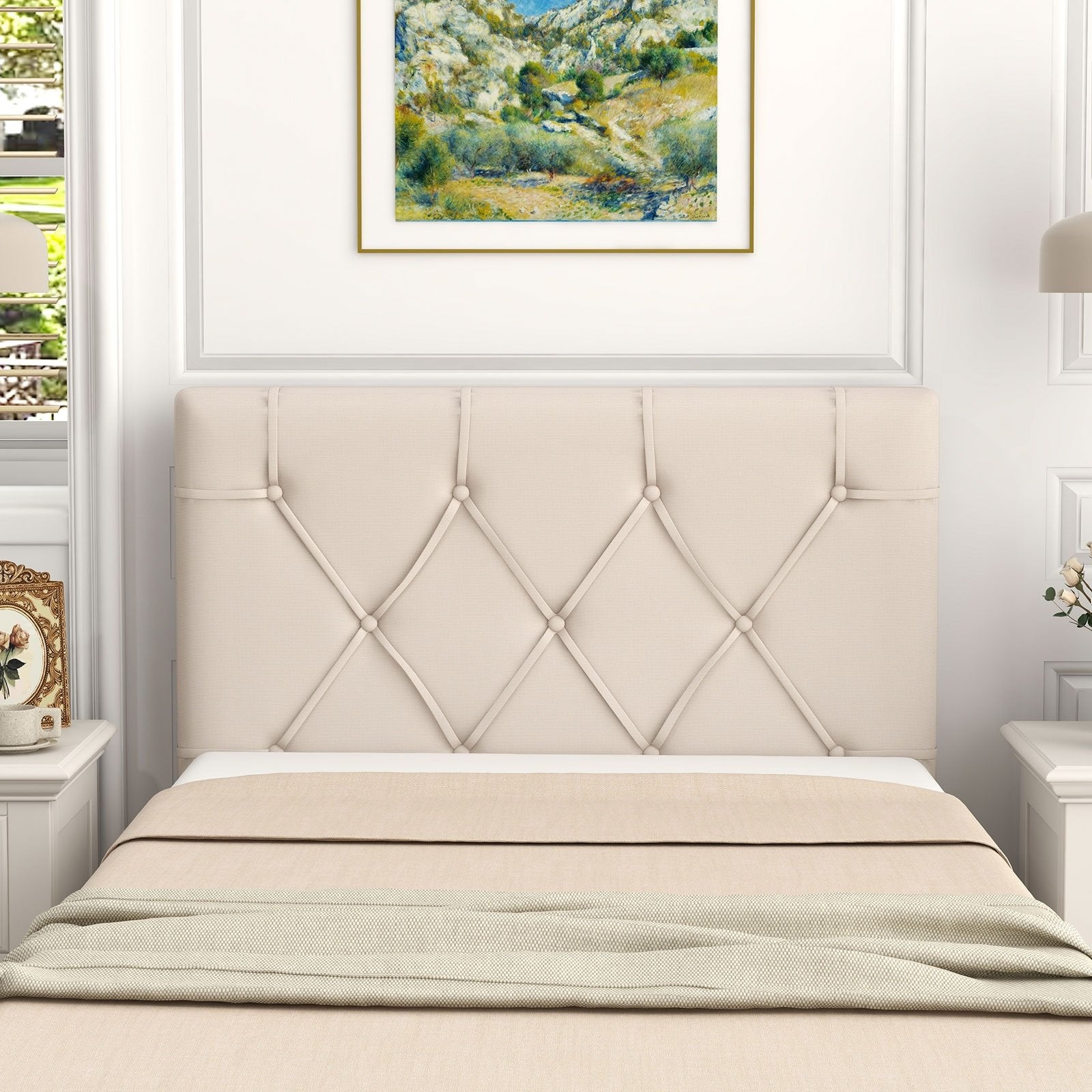 Upholstered Headboard for Twin Size Bed with Fabric Upholstery, Beige Bedding   at Gallery Canada