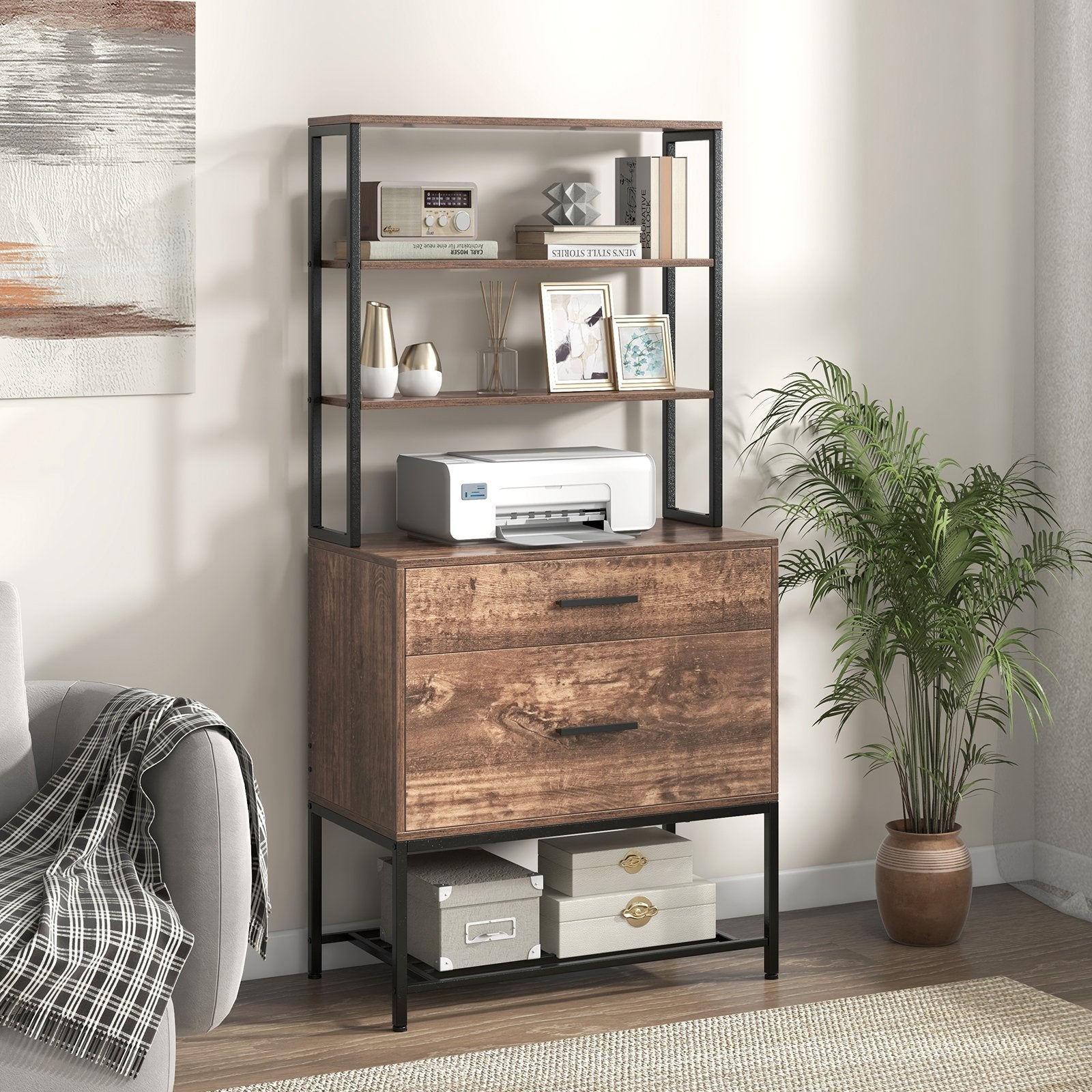 Freestanding File Cabinet with Charging Station and 3-Tier Open Shelves, Rustic Brown Cat Trees Condos & Scratchers   at Gallery Canada