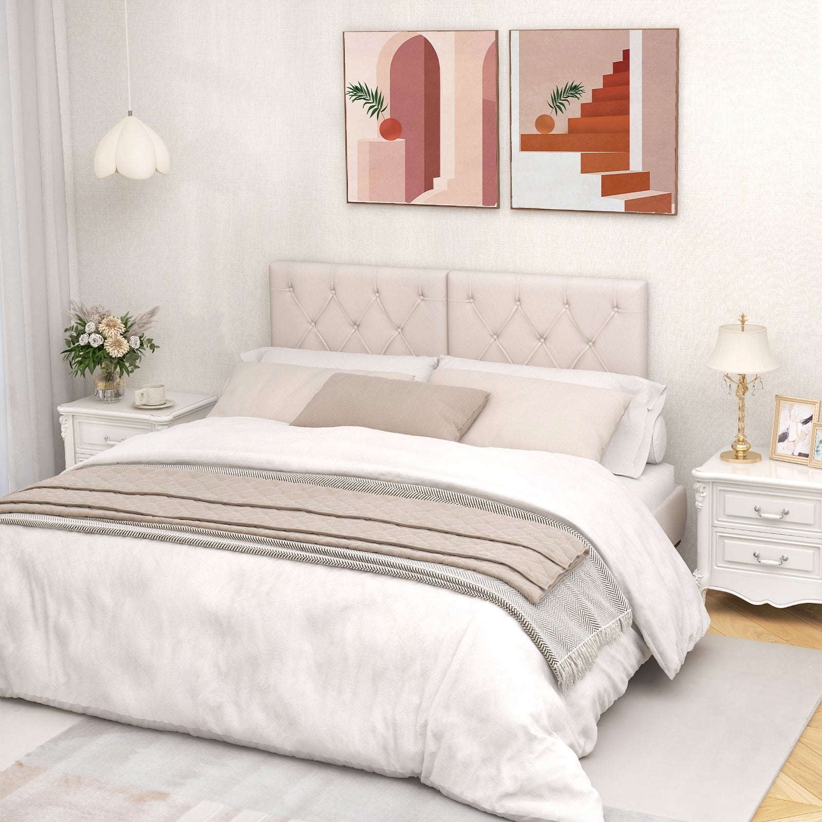 Upholstered Headboard for Twin Size Bed with Fabric Upholstery, Beige Bedding   at Gallery Canada