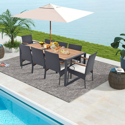 9 Pieces  Patio Rattan Dining Set with Acacia Wood Table for Backyard  Garden-Curved Handrail Patio Furniture Sets   at Gallery Canada