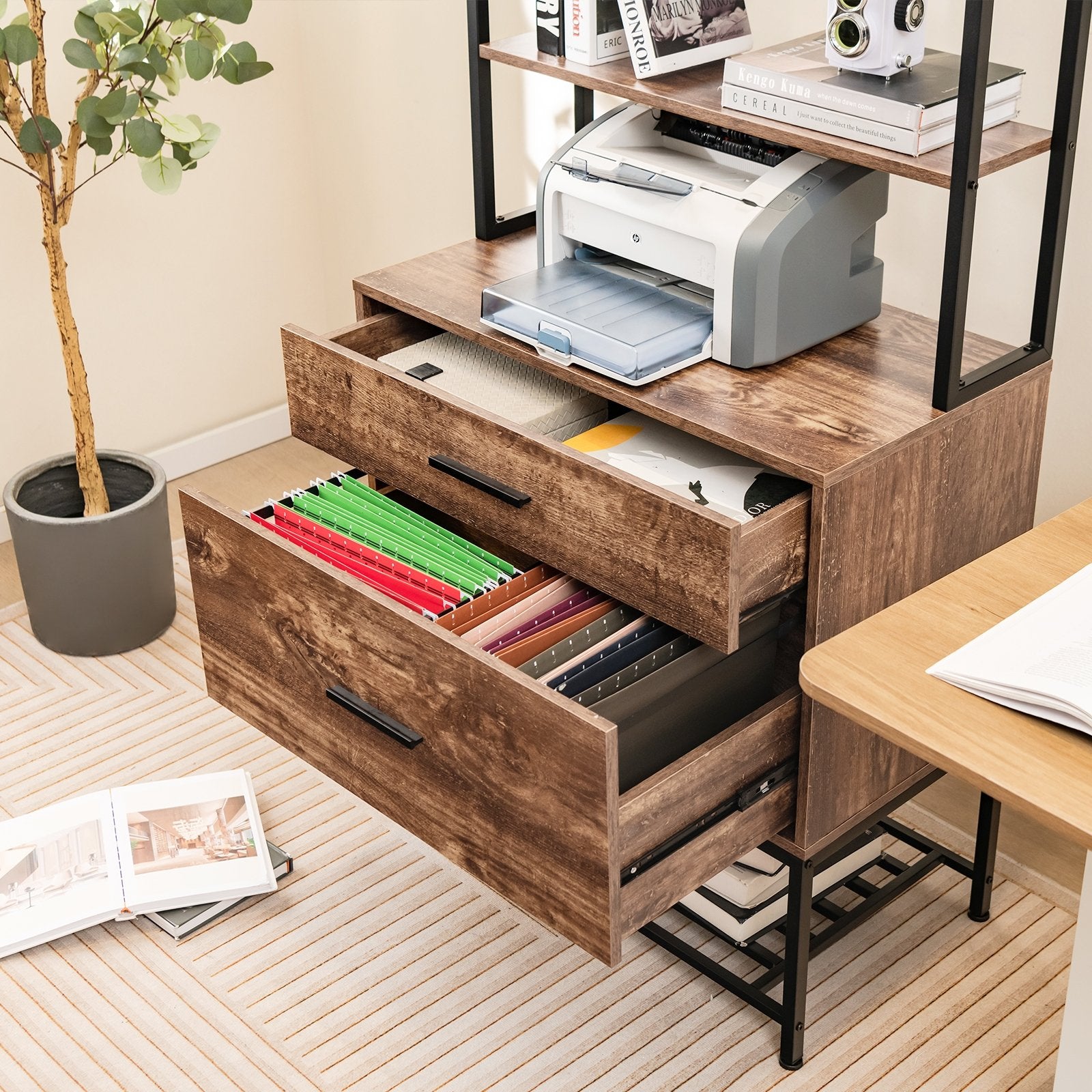 Freestanding File Cabinet with Charging Station and 3-Tier Open Shelves, Rustic Brown Cat Trees Condos & Scratchers   at Gallery Canada