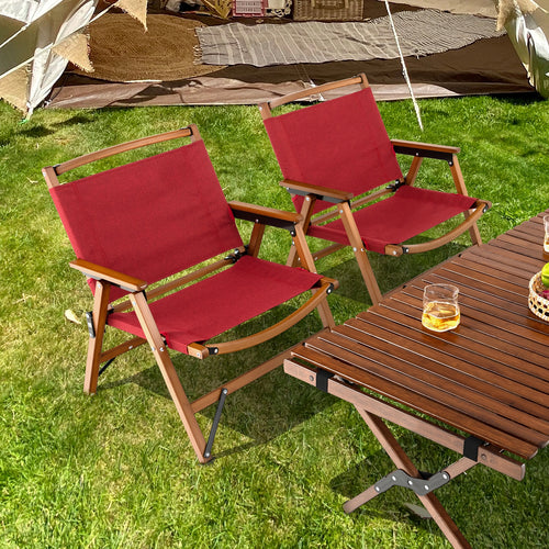 Set of 2 Patio Folding Camping Beach Chair with Solid Bamboo Frame, Red