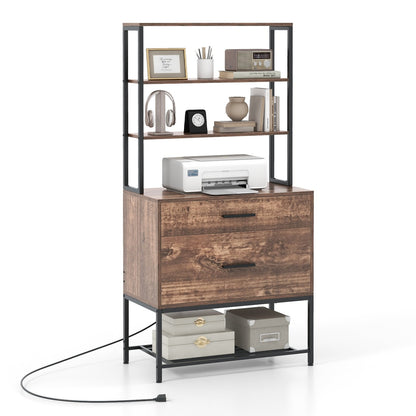 Freestanding File Cabinet with Charging Station and 3-Tier Open Shelves, Rustic Brown Cat Trees Condos & Scratchers   at Gallery Canada