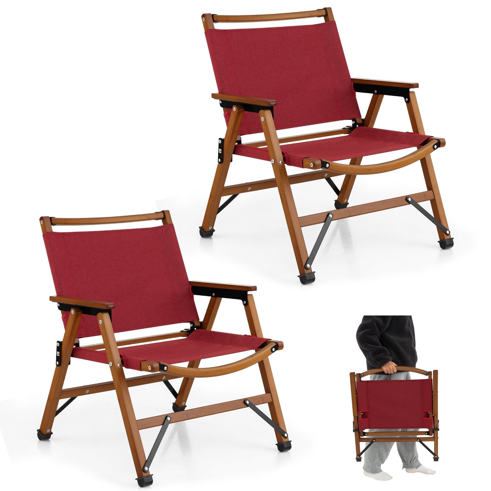 Set of 2 Patio Folding Camping Beach Chair with Solid Bamboo Frame, Red Camping Furniture   at Gallery Canada