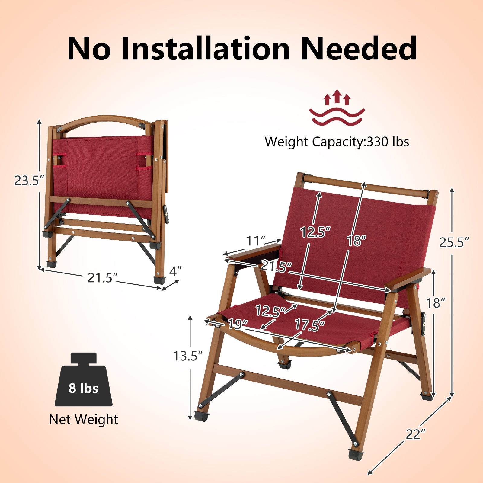 Set of 2 Patio Folding Camping Beach Chair with Solid Bamboo Frame, Red Camping Furniture at Gallery Canada