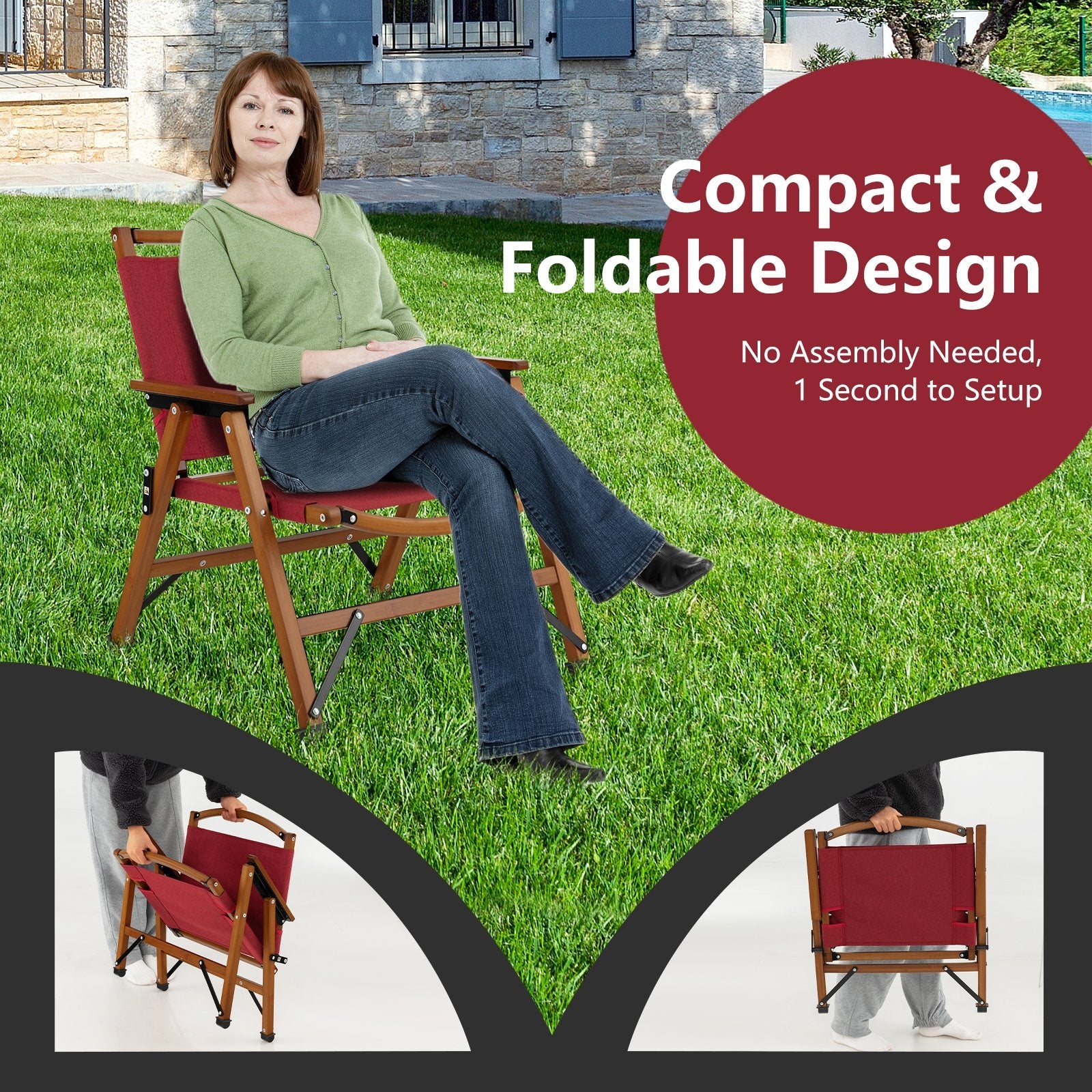 Set of 2 Patio Folding Camping Beach Chair with Solid Bamboo Frame, Red Camping Furniture   at Gallery Canada