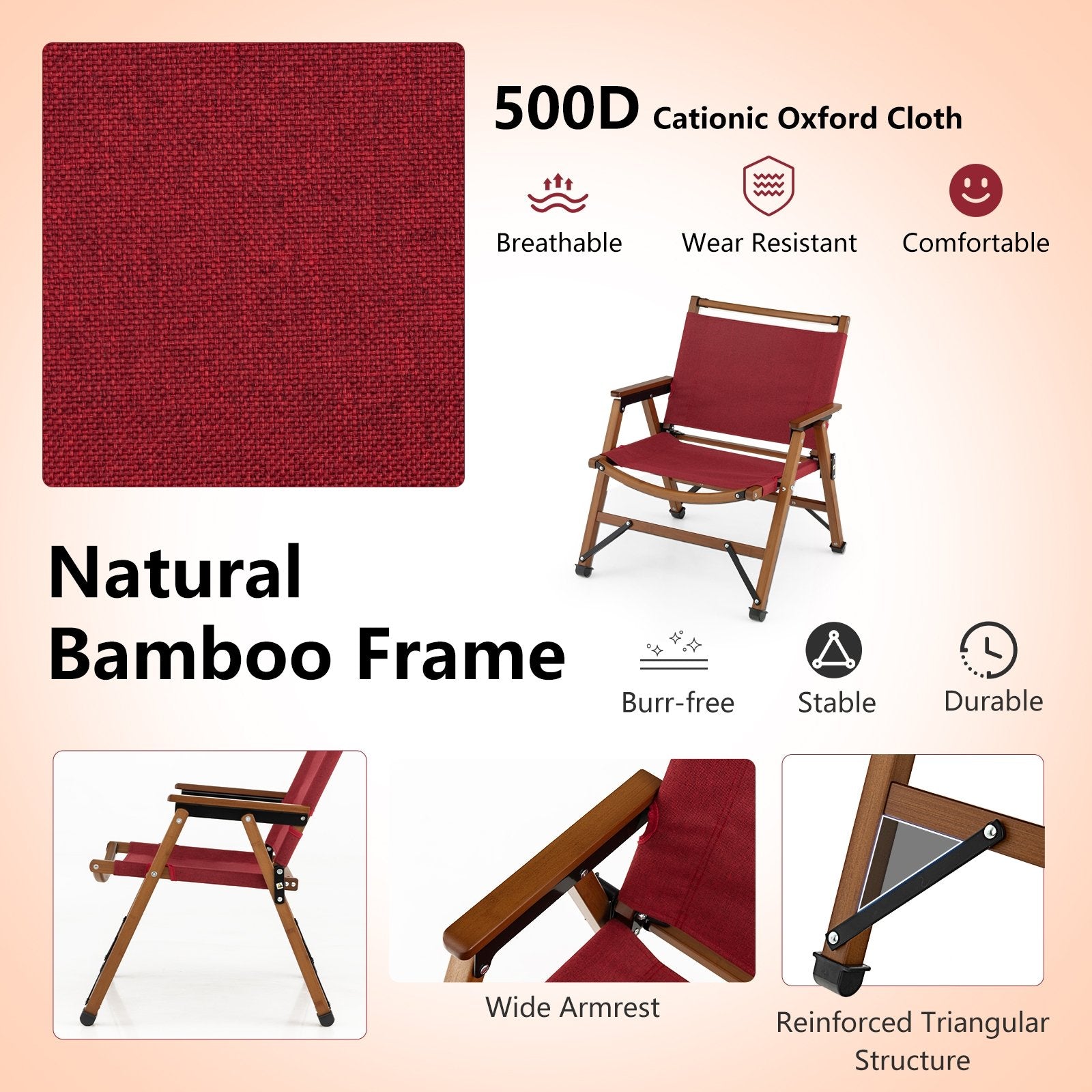 Set of 2 Patio Folding Camping Beach Chair with Solid Bamboo Frame, Red Camping Furniture   at Gallery Canada