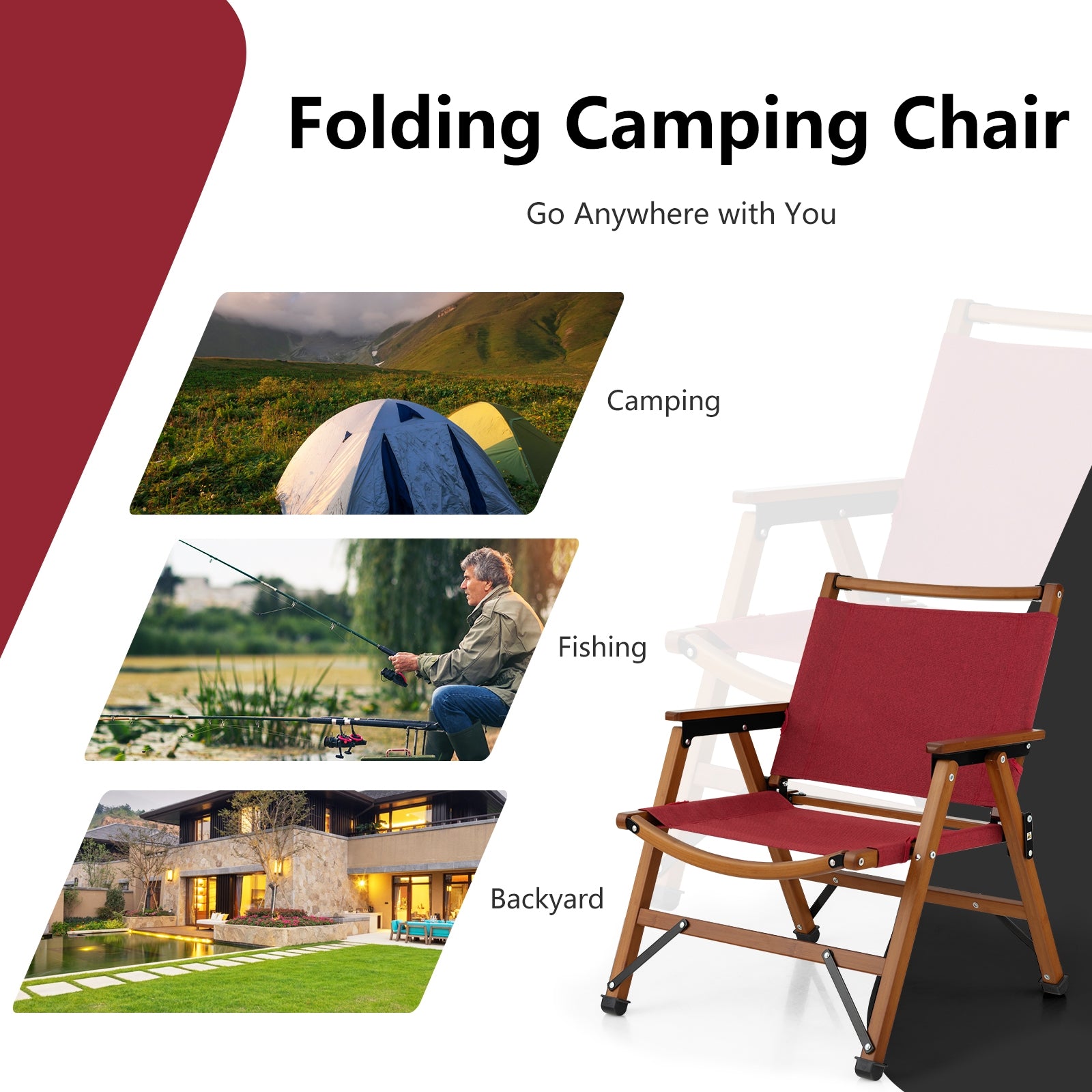 Set of 2 Patio Folding Camping Beach Chair with Solid Bamboo Frame, Red Camping Furniture at Gallery Canada