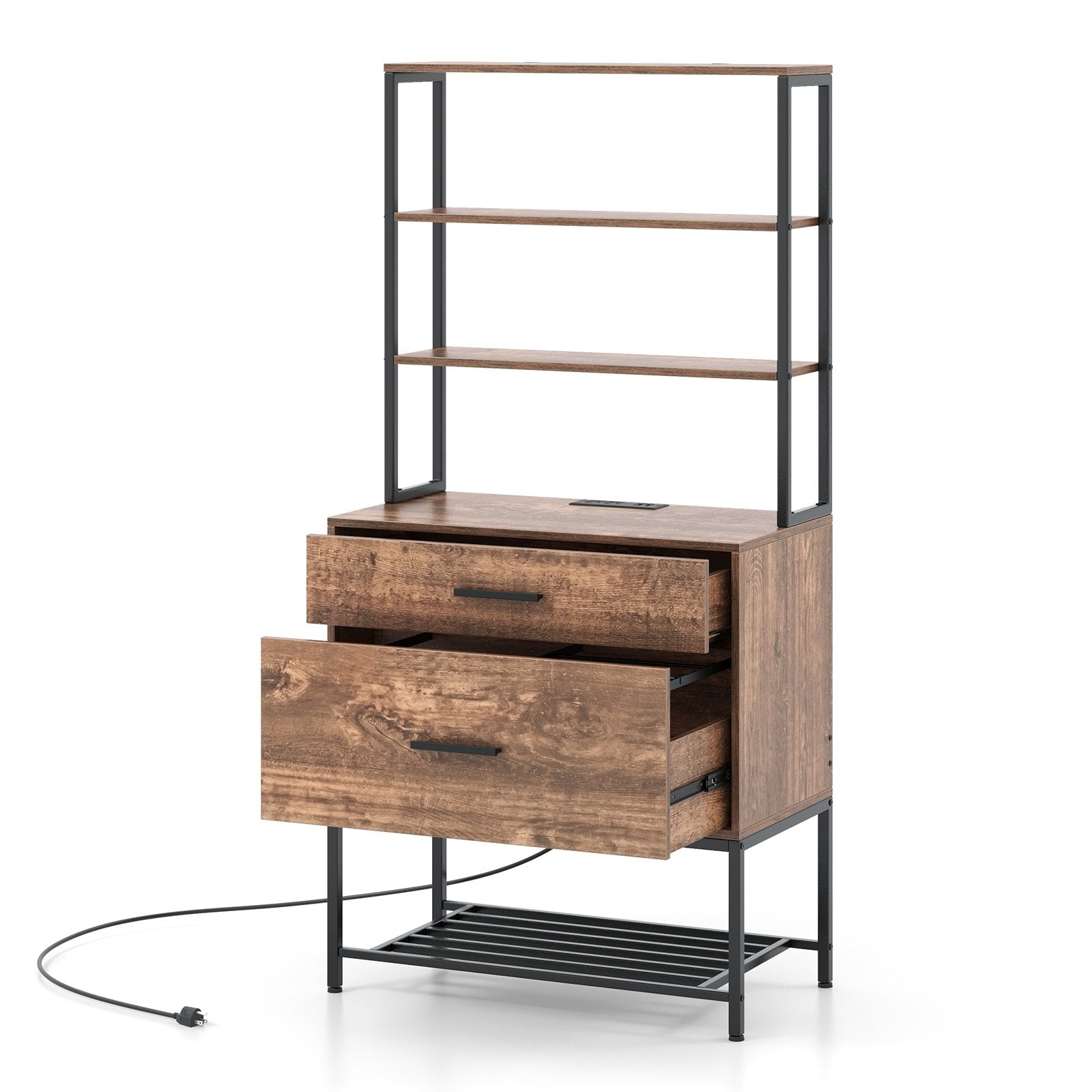 Freestanding File Cabinet with Charging Station and 3-Tier Open Shelves, Rustic Brown Cat Trees Condos & Scratchers   at Gallery Canada