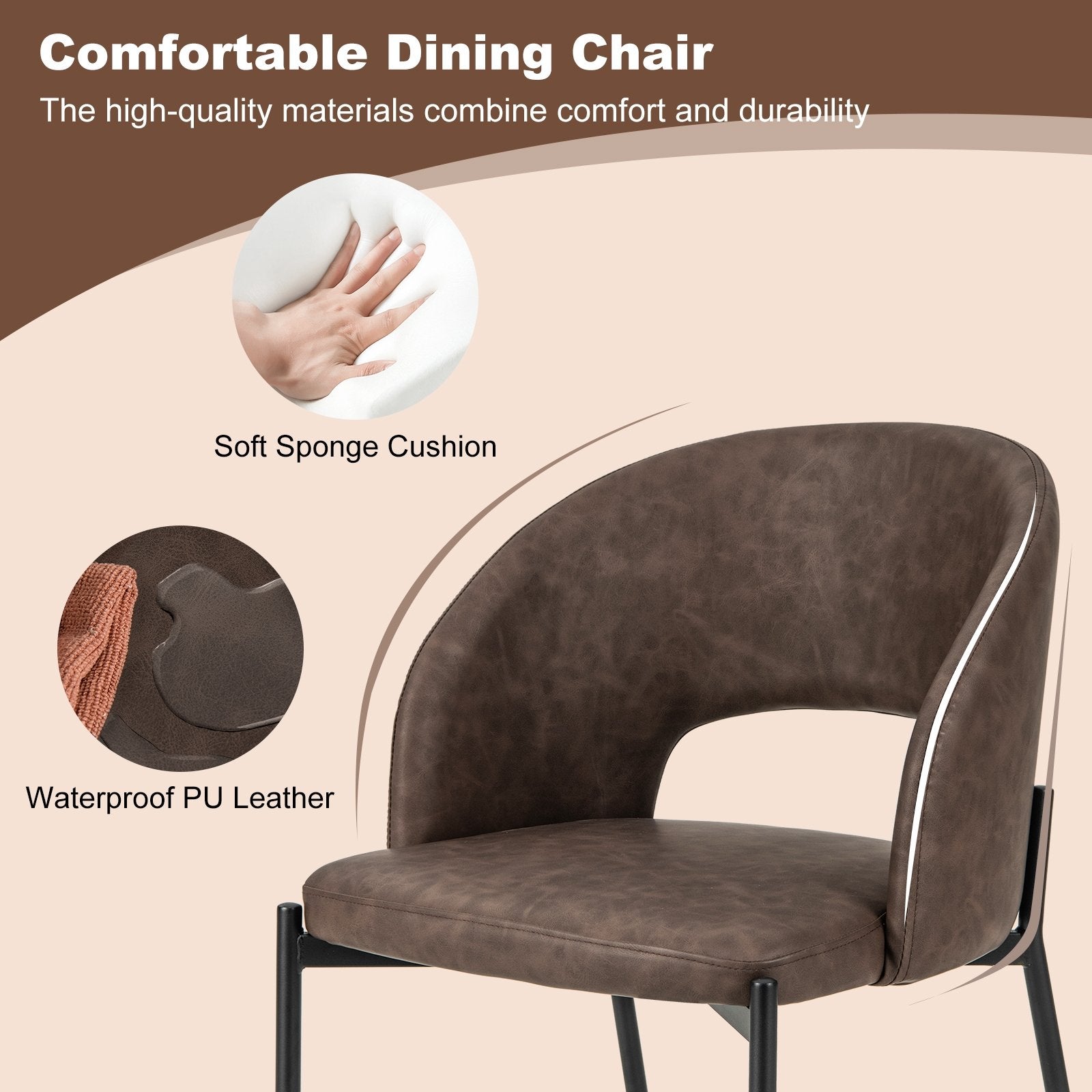 Dining Chair Set of 2 with High-density Sponge Cushion and PU Leather, Brown Dining Chairs   at Gallery Canada