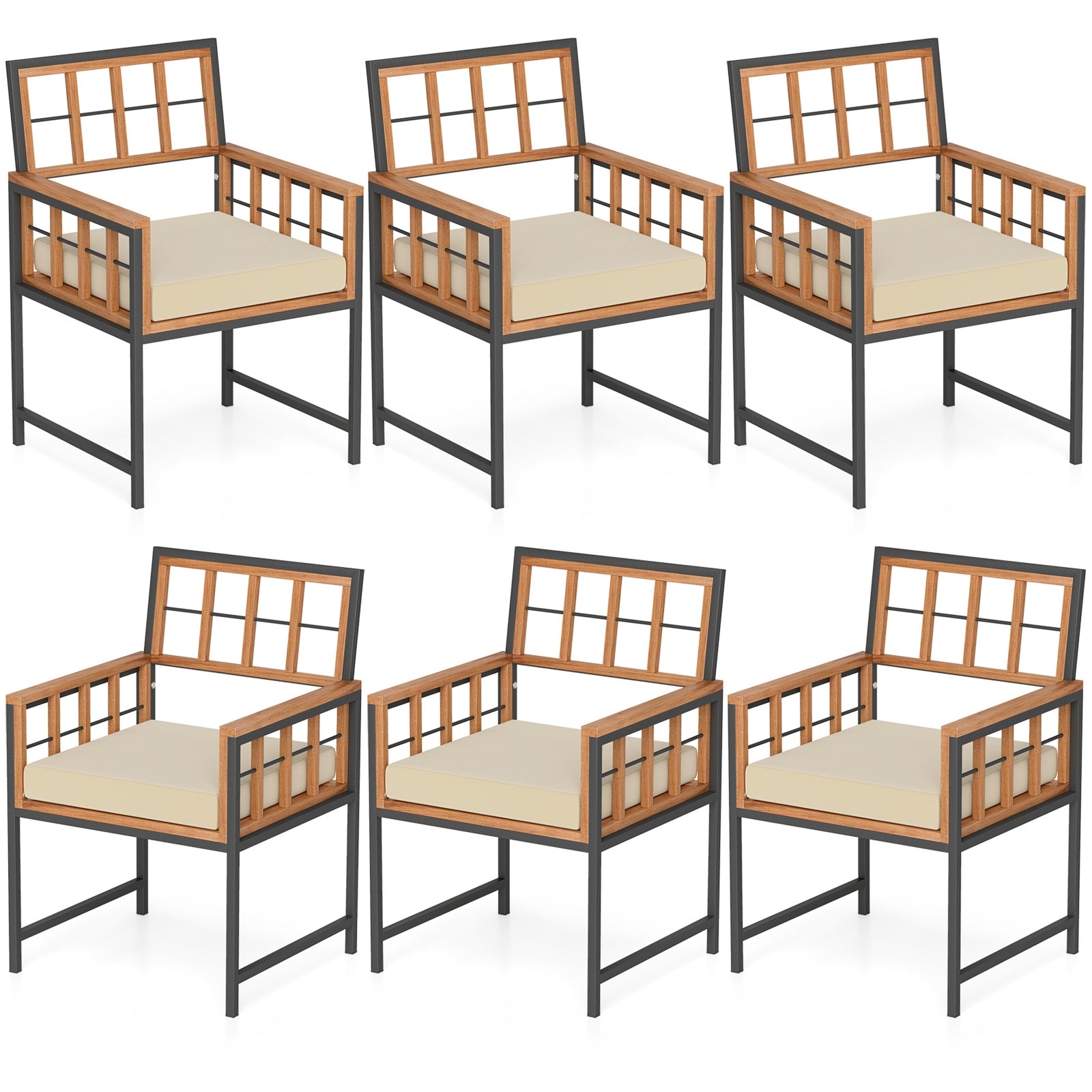 Set of 6 Patio Dining Chairs Acacia Wood Armchairs with Cushions, Beige