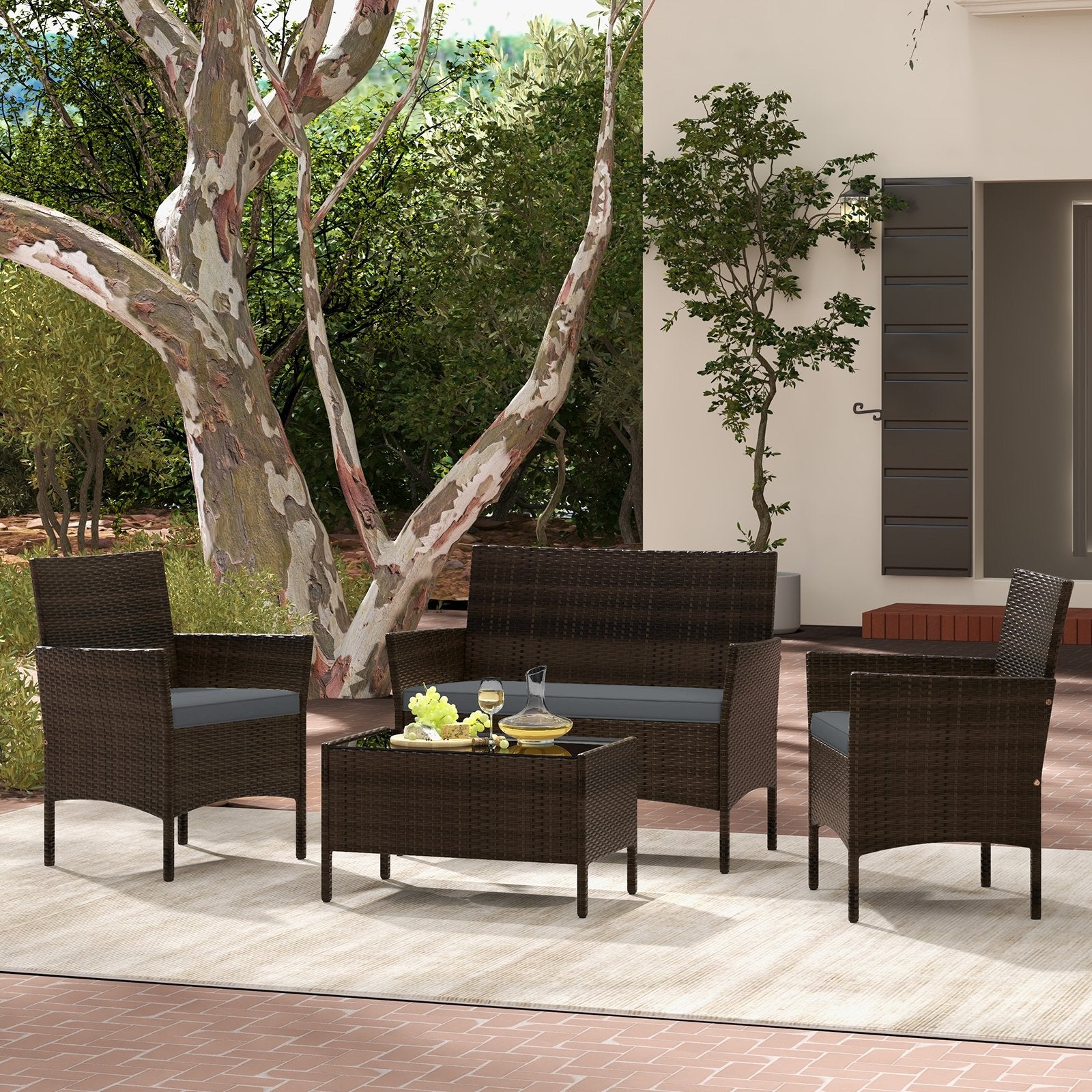 4 Piece Patio Rattan Conversation Set with Cozy Seat Cushions, Gray Patio Conversation Sets   at Gallery Canada