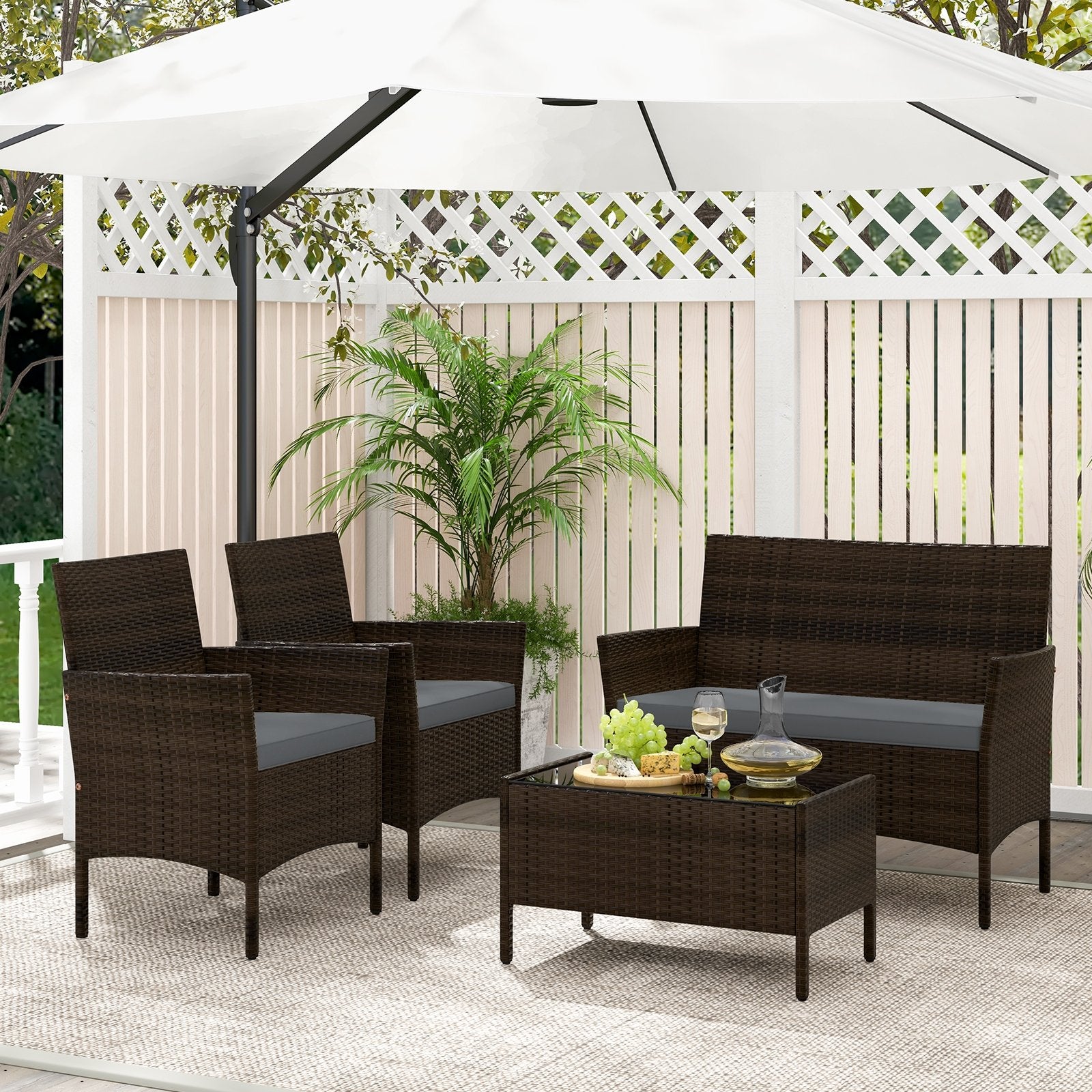 4 Piece Patio Rattan Conversation Set with Cozy Seat Cushions, Gray Patio Conversation Sets   at Gallery Canada