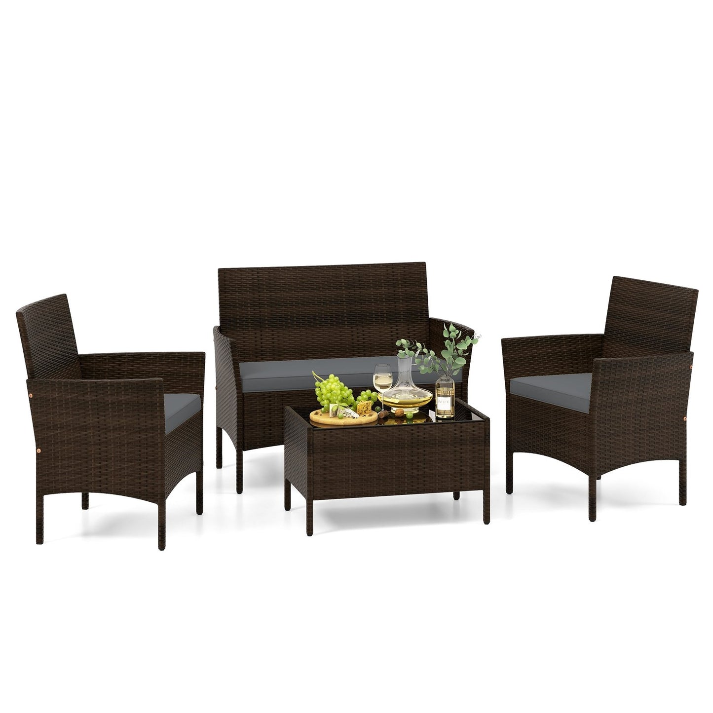 4 Piece Patio Rattan Conversation Set with Cozy Seat Cushions, Gray Patio Conversation Sets   at Gallery Canada