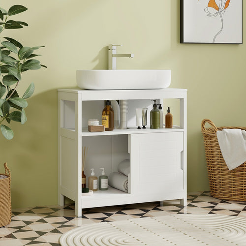 Pedestal Sink Storage Cabinet with 2 Sliding Doors and U-shaped Cut-out, White