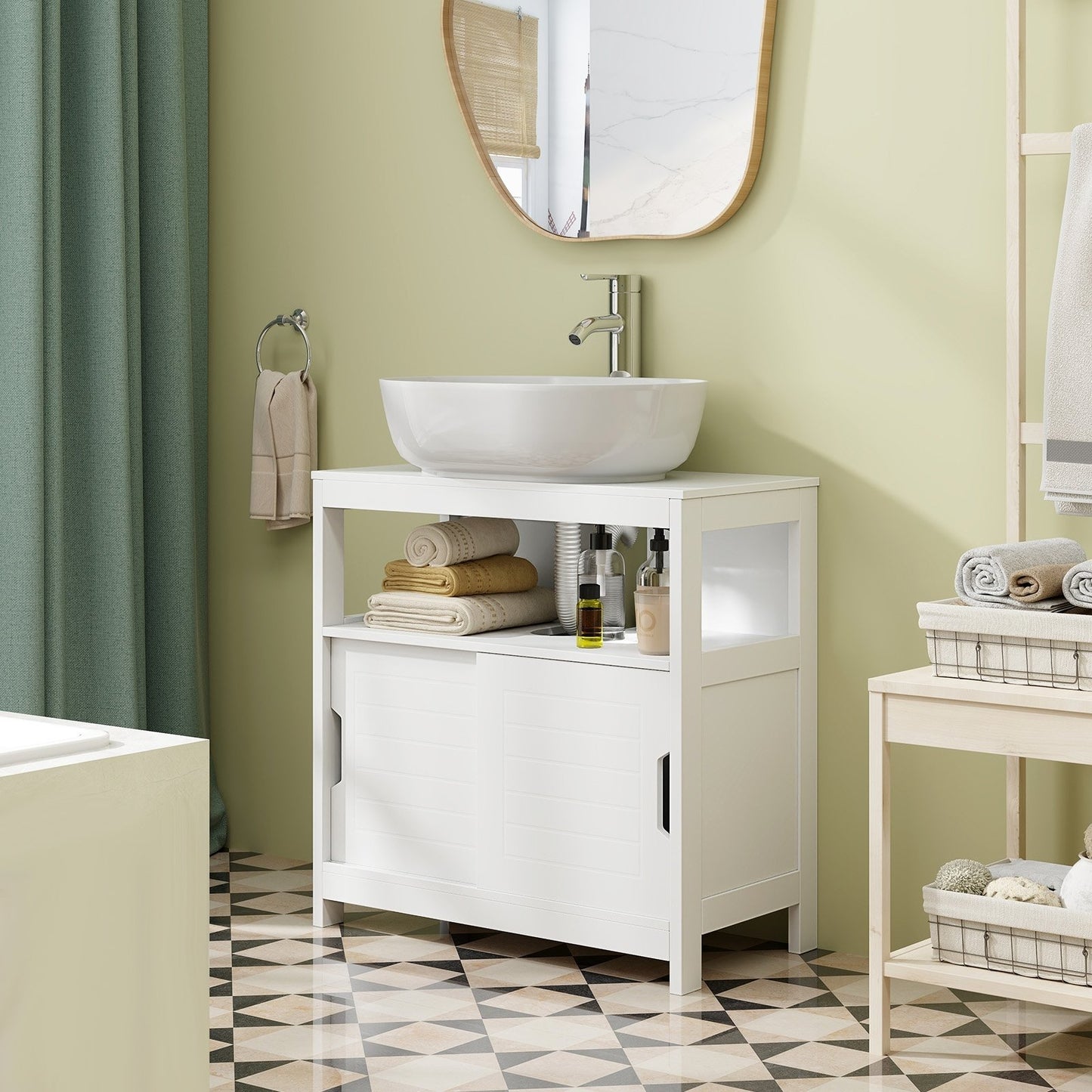 Pedestal Sink Storage Cabinet with 2 Sliding Doors and U-shaped Cut-out, White Floor Cabinets   at Gallery Canada