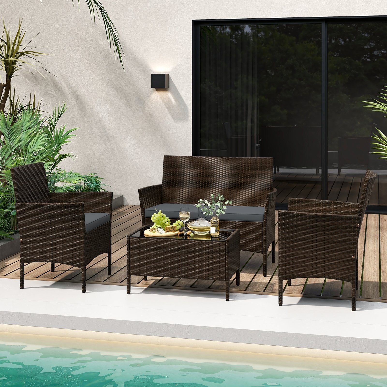 4 Piece Patio Rattan Conversation Set with Cozy Seat Cushions, Gray Patio Conversation Sets   at Gallery Canada