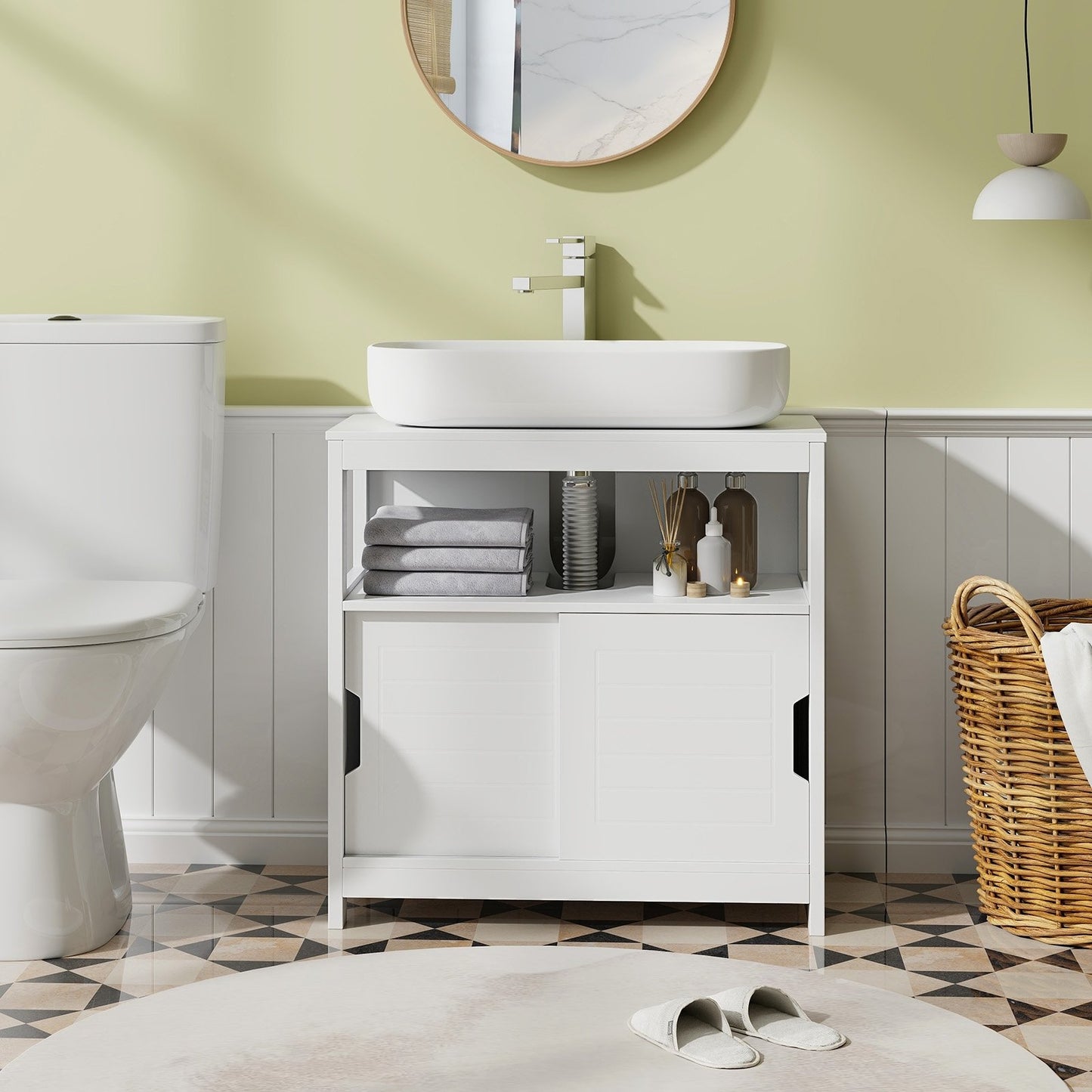 Pedestal Sink Storage Cabinet with 2 Sliding Doors and U-shaped Cut-out, White Floor Cabinets   at Gallery Canada