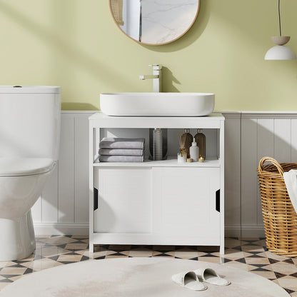 Pedestal Sink Storage Cabinet with 2 Sliding Doors and U-shaped Cut-out, White Floor Cabinets   at Gallery Canada