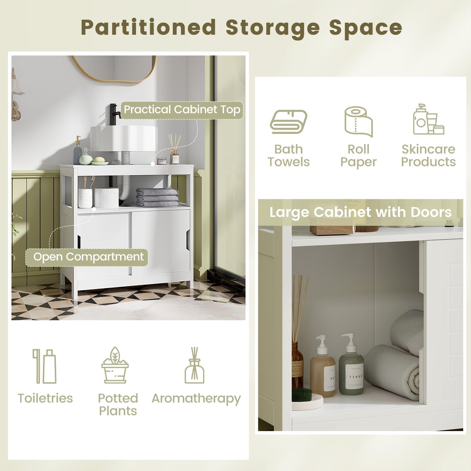 Pedestal Sink Storage Cabinet with 2 Sliding Doors and U-shaped Cut-out, White Floor Cabinets   at Gallery Canada