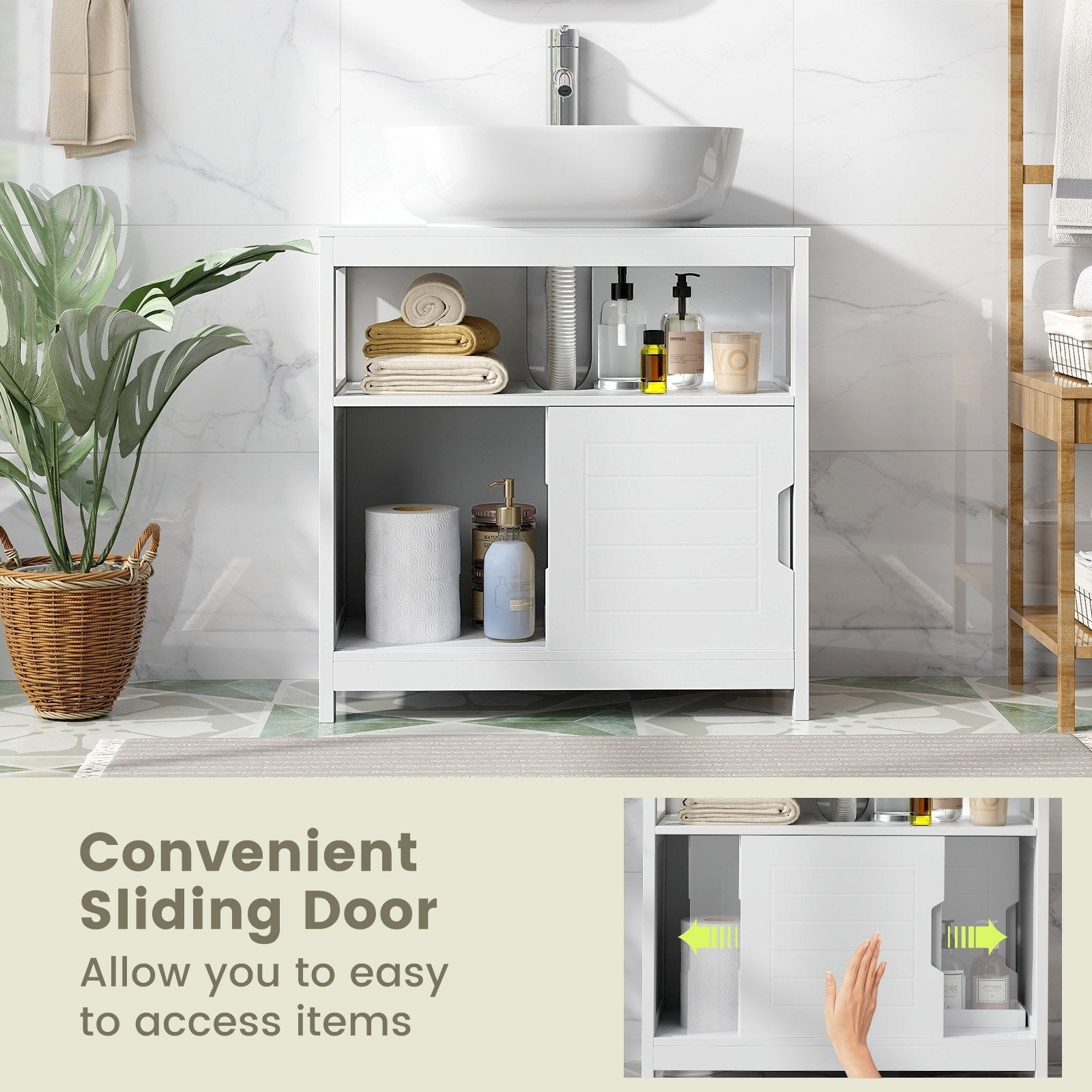 Pedestal Sink Storage Cabinet with 2 Sliding Doors and U-shaped Cut-out, White Floor Cabinets   at Gallery Canada