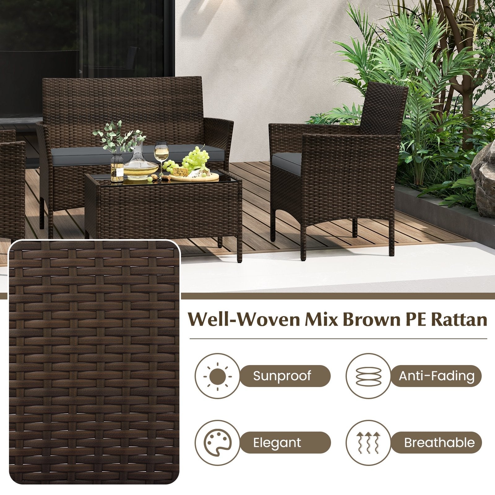 4 Piece Patio Rattan Conversation Set with Cozy Seat Cushions, Gray Patio Conversation Sets   at Gallery Canada