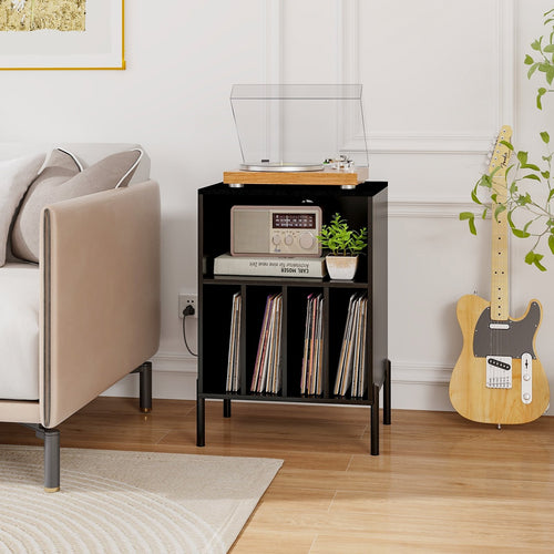 Record Player Stand with Record Storage Shelf and Charging Station, Black