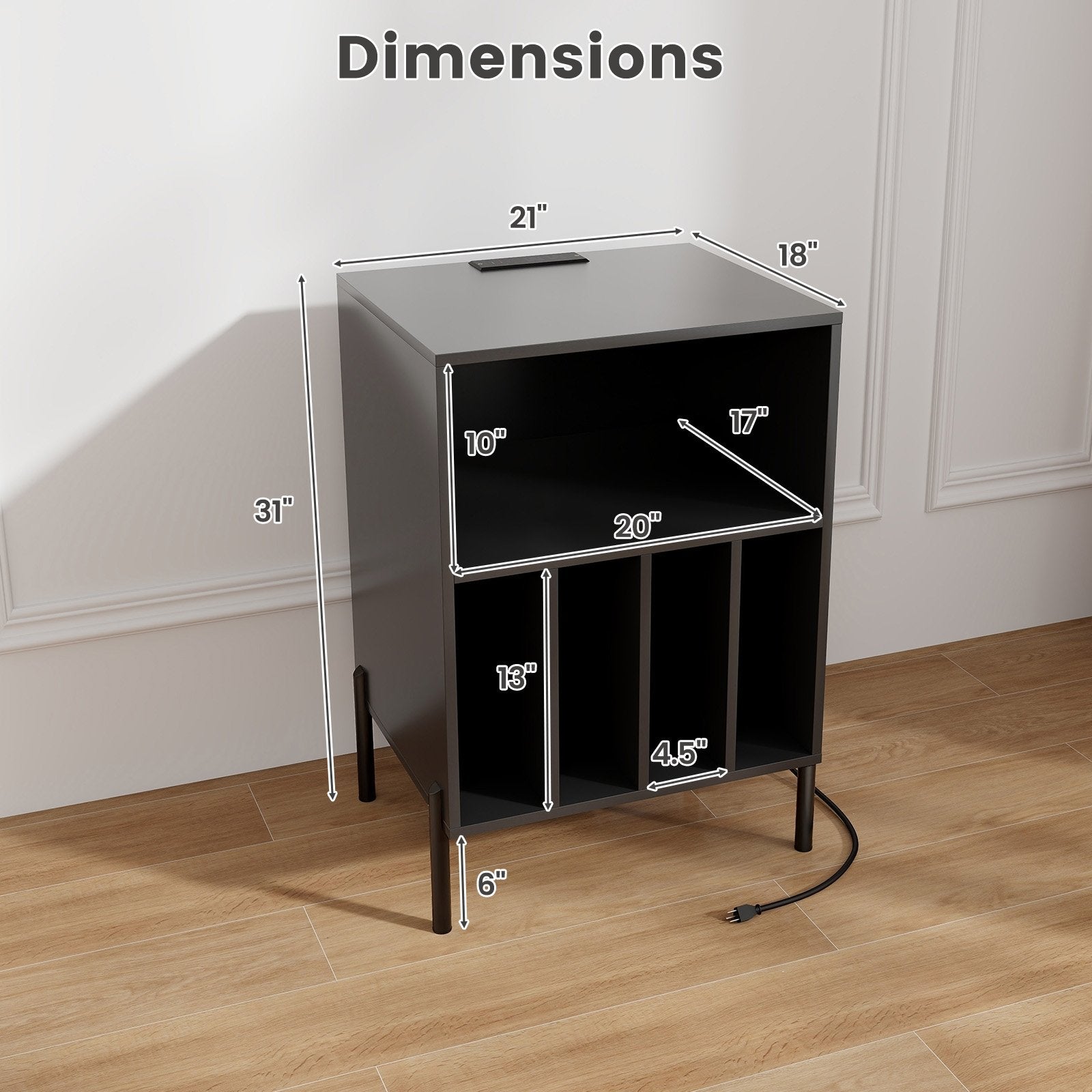 Record Player Stand with Record Storage Shelf and Charging Station, Black End & Side Tables   at Gallery Canada