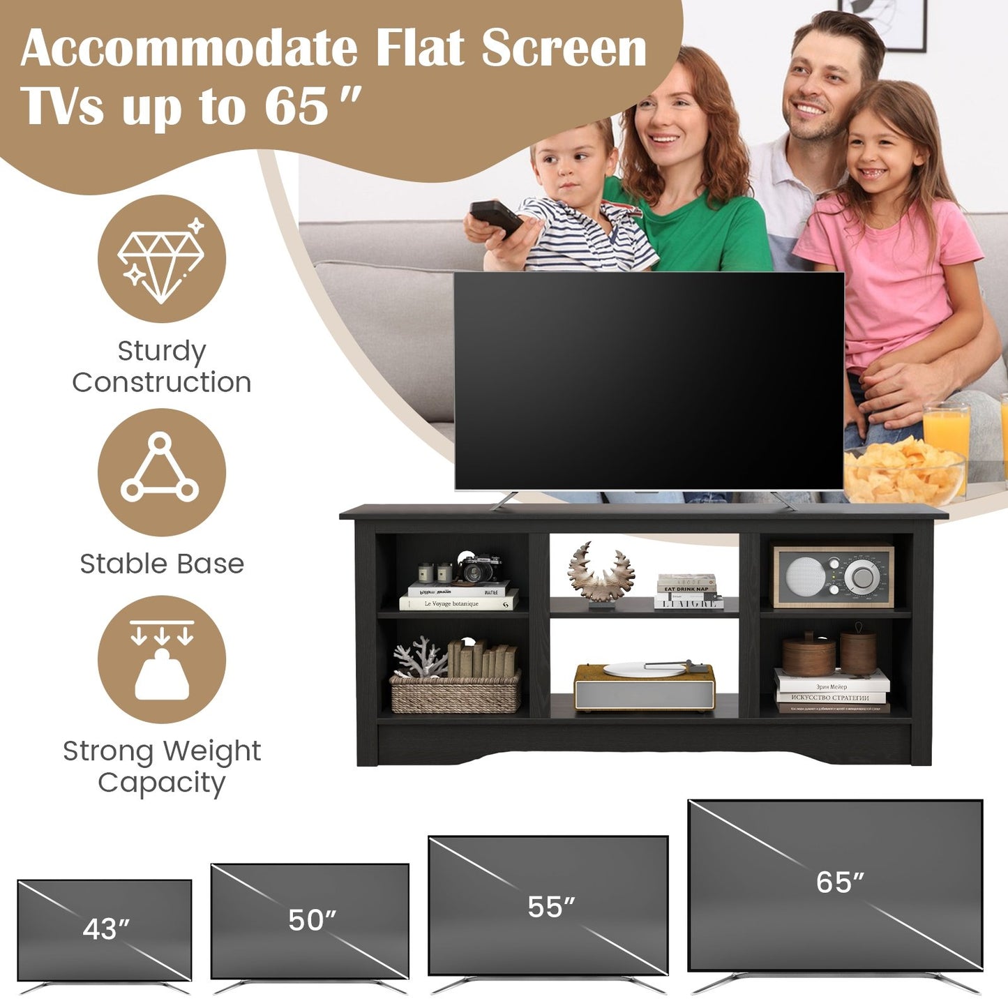 TV Stand for up to 65" Flat Screen TVs with Adjustable Shelves for 18" Electric Fireplace (Not Included), Black Entertainment Centers & TV Stands   at Gallery Canada