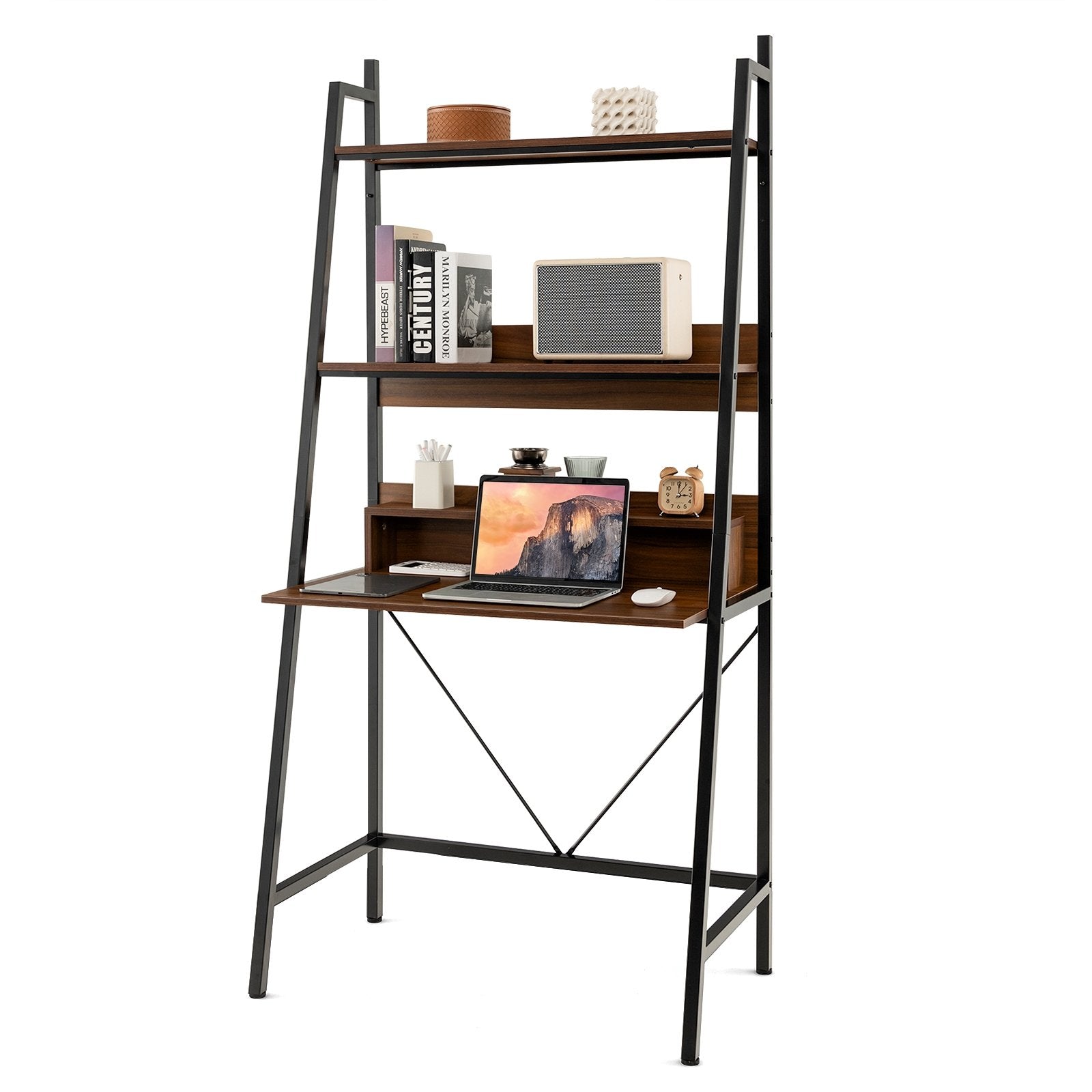 71” High Freestanding Laptop Desk with Open Shelves for Living Room Bedroom Study, Brown Laptop Tables & Printer Stands   at Gallery Canada