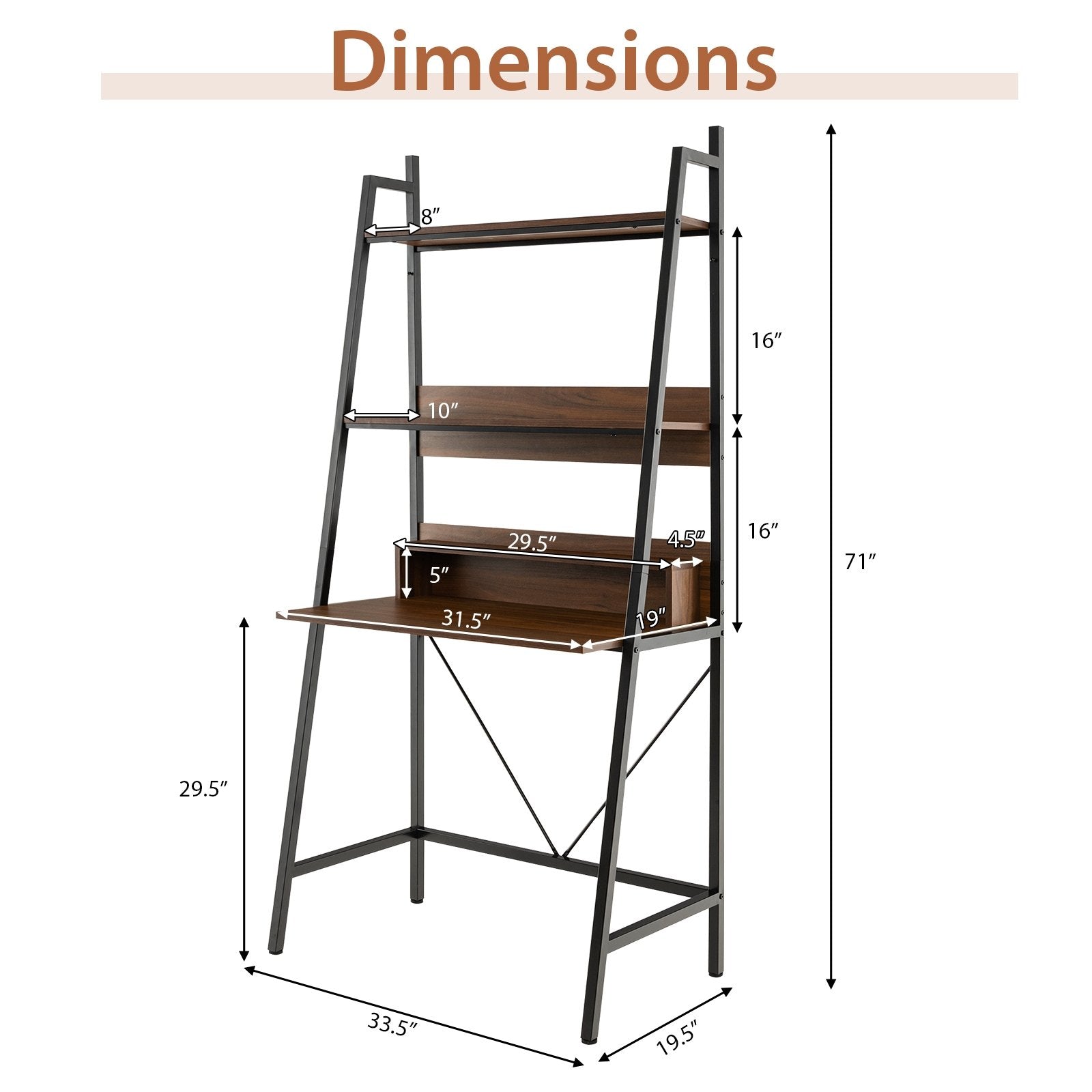 71” High Freestanding Laptop Desk with Open Shelves for Living Room Bedroom Study, Brown Laptop Tables & Printer Stands   at Gallery Canada