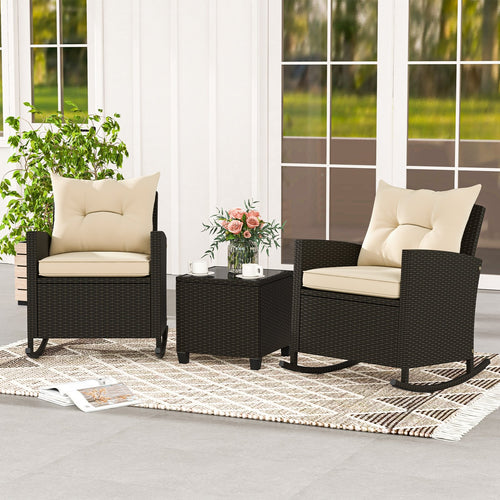 Patio Rattan Roker Chairs with Tempered Glass Table and Soft Cushions for Backyard  Poolside Porch, Beige