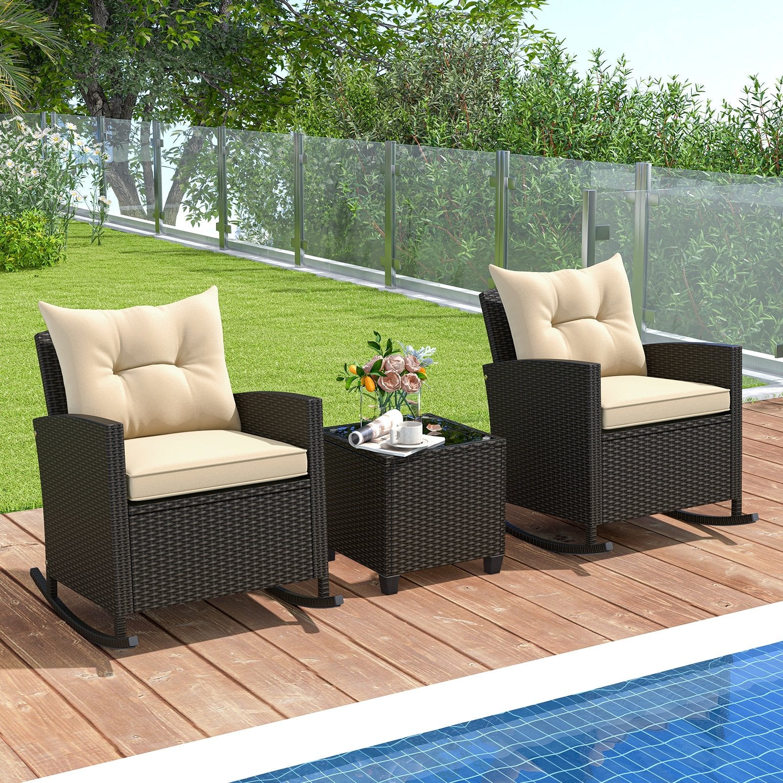 Patio Rattan Roker Chairs with Tempered Glass Table and Soft Cushions for Backyard  Poolside Porch, Beige Patio Conversation Sets   at Gallery Canada