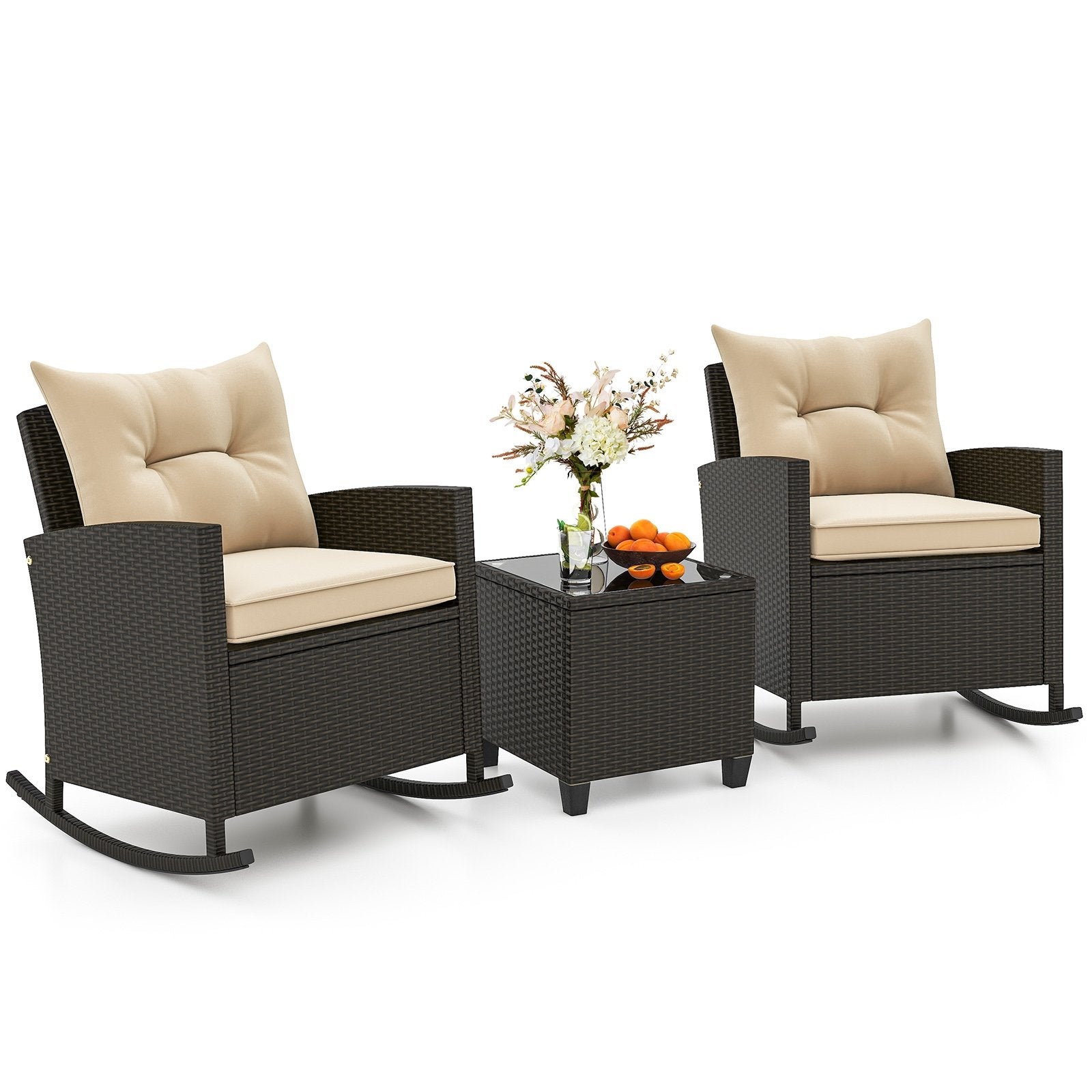 Patio Rattan Roker Chairs with Tempered Glass Table and Soft Cushions for Backyard  Poolside Porch, Beige Patio Conversation Sets   at Gallery Canada