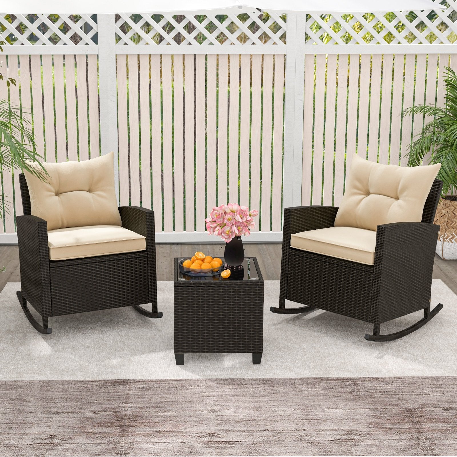 Patio Rattan Roker Chairs with Tempered Glass Table and Soft Cushions for Backyard  Poolside Porch, Beige Patio Conversation Sets   at Gallery Canada