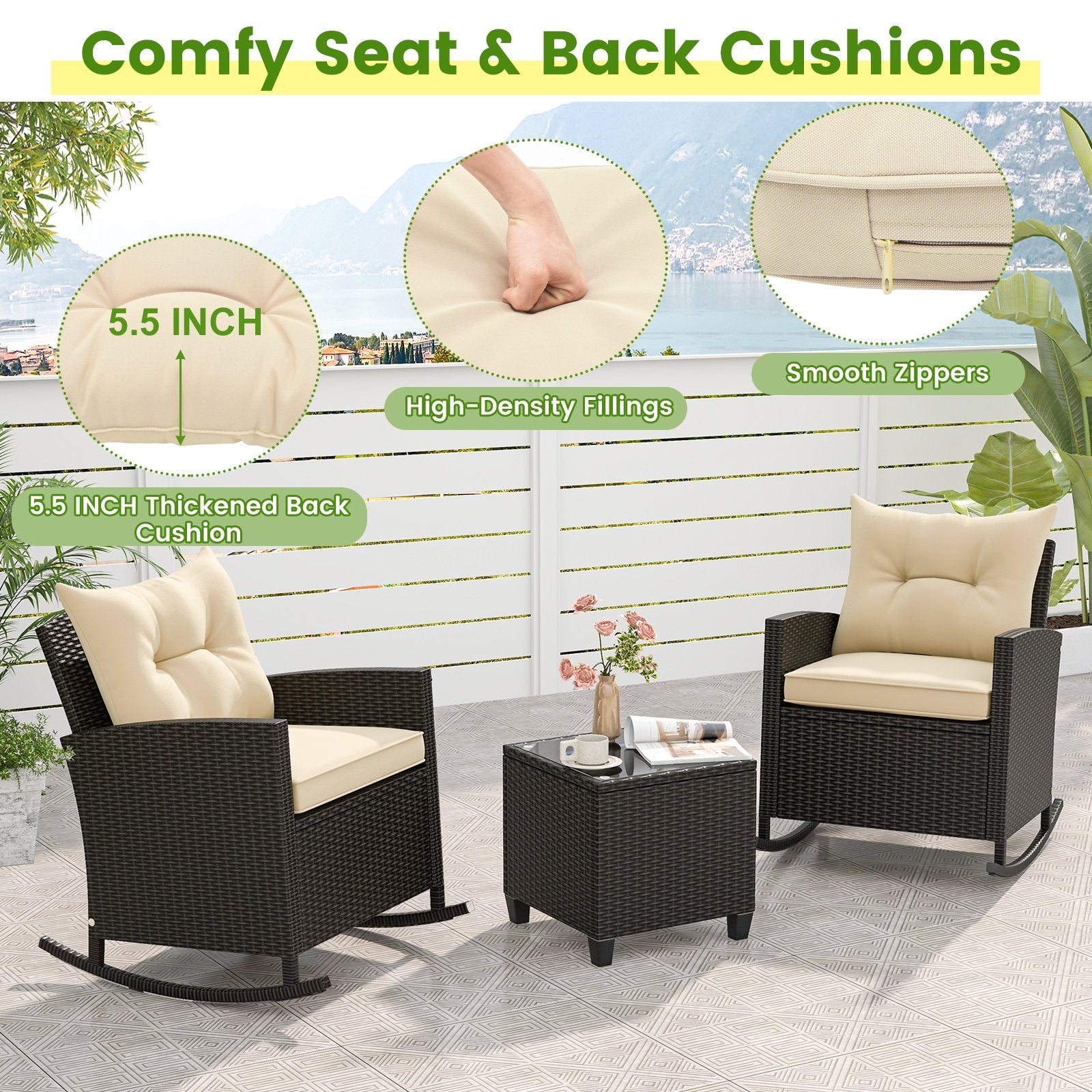 Patio Rattan Roker Chairs with Tempered Glass Table and Soft Cushions for Backyard  Poolside Porch, Beige Patio Conversation Sets   at Gallery Canada